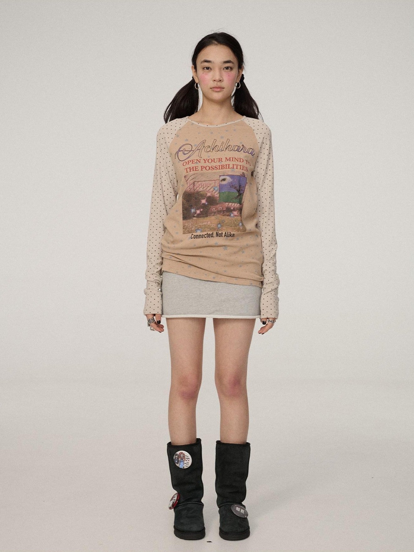Achihara Polka Dot Patchwork Lettering Women'S Knit Polyester Long Sleeve T-Shirts