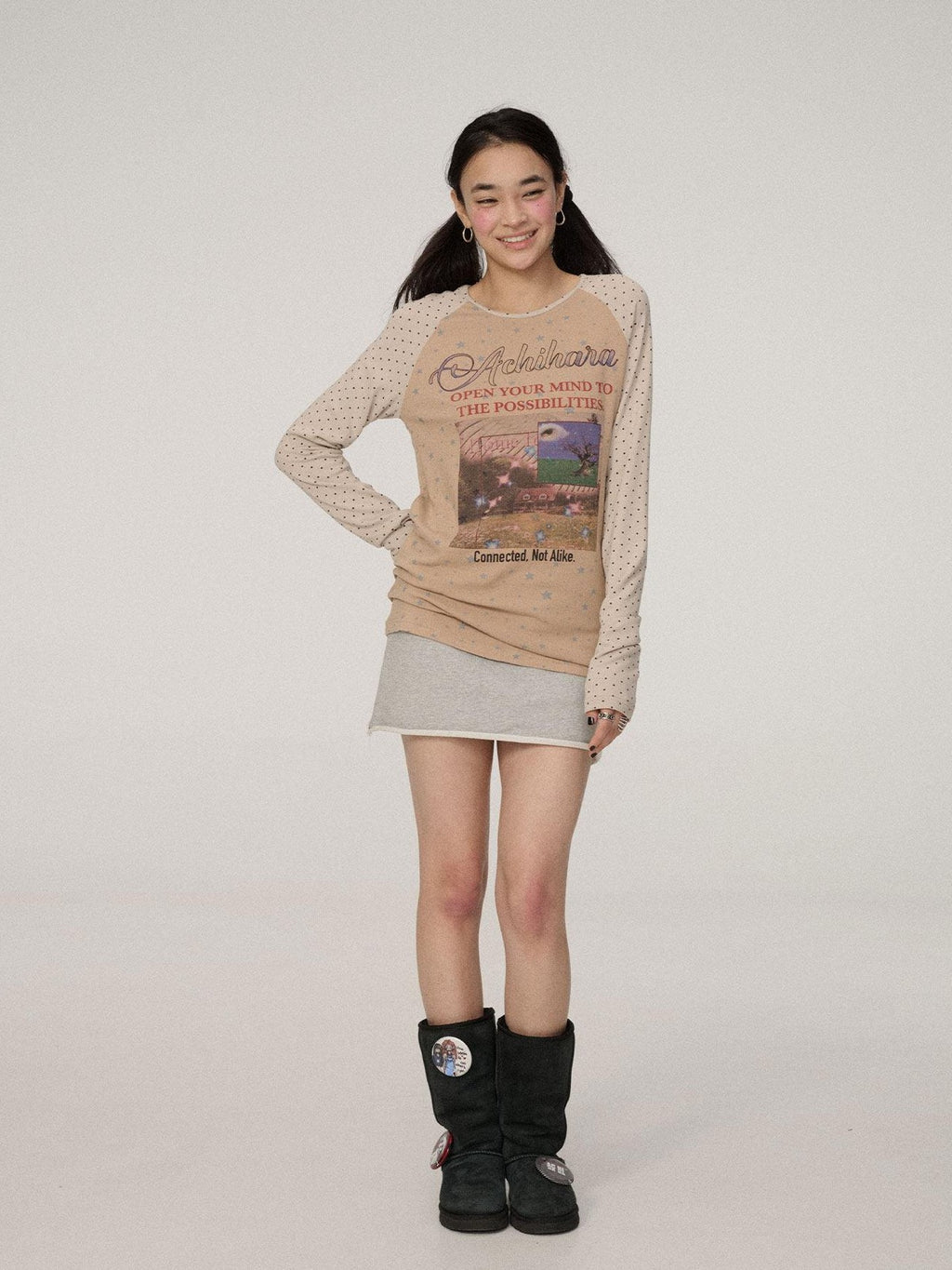 Achihara Polka Dot Patchwork Lettering Women'S Knit Polyester Long Sleeve T-Shirts