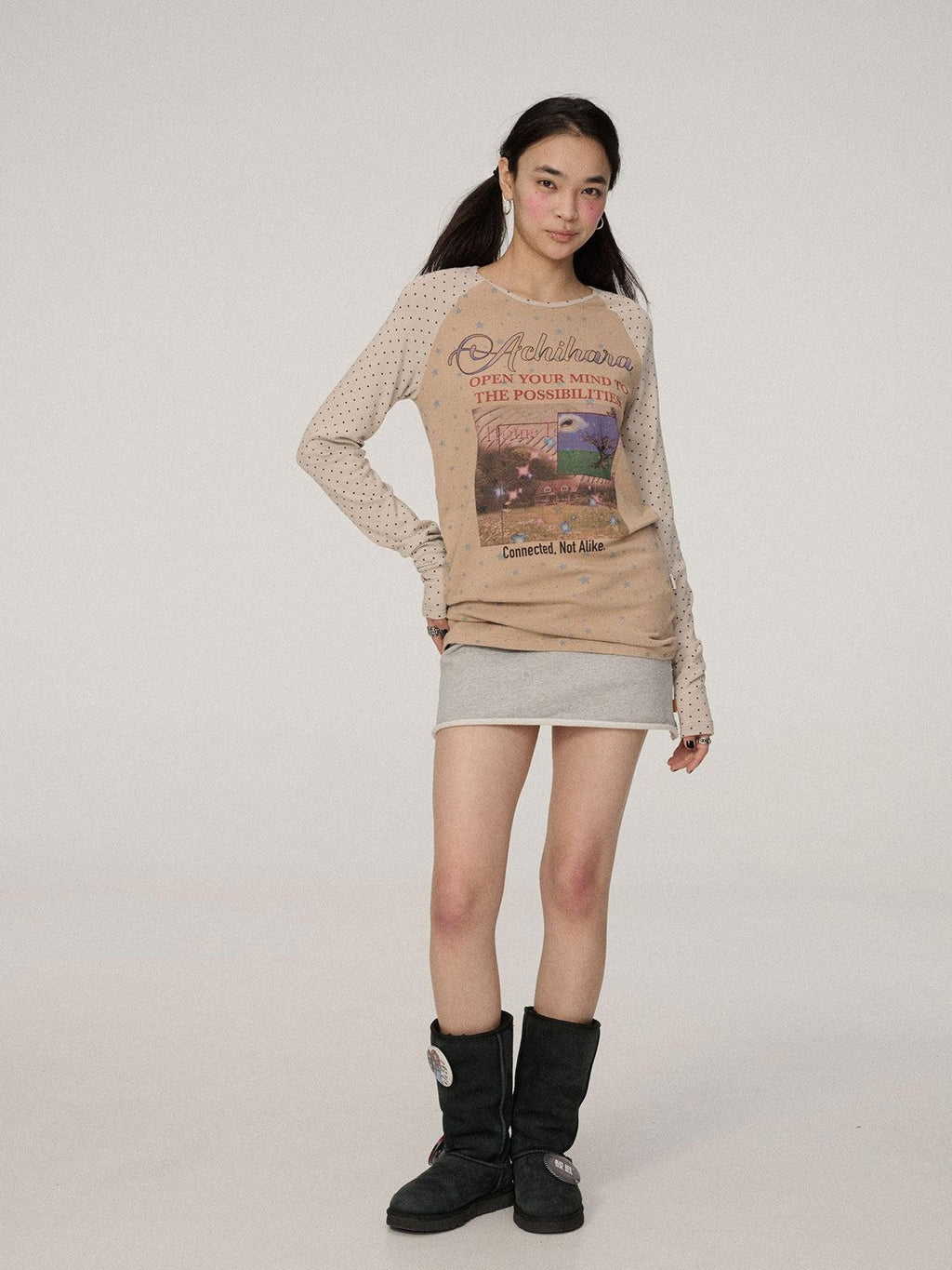 Achihara Polka Dot Patchwork Lettering Women'S Knit Polyester Long Sleeve T-Shirts