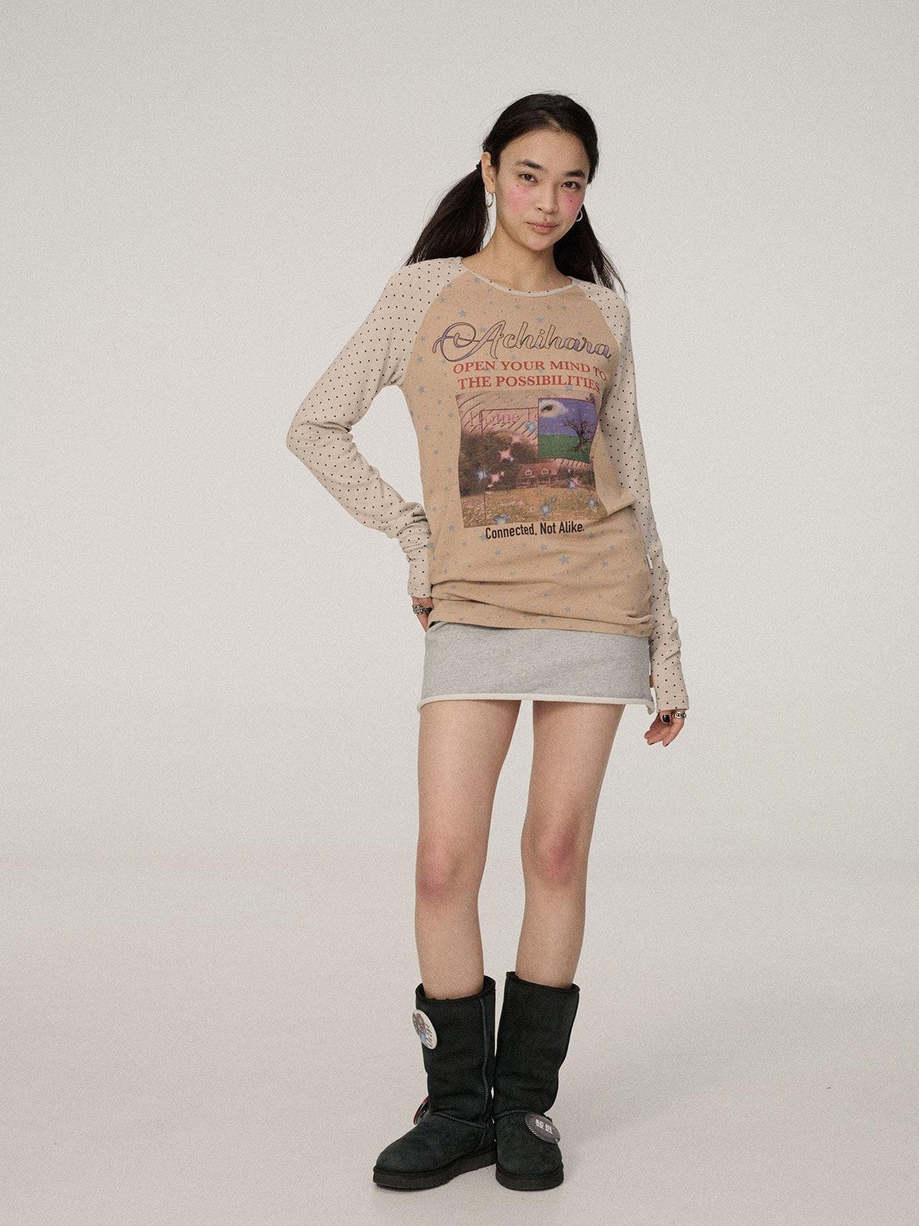 Achihara Polka Dot Patchwork Lettering Women'S Knit Polyester Long Sleeve T-Shirts