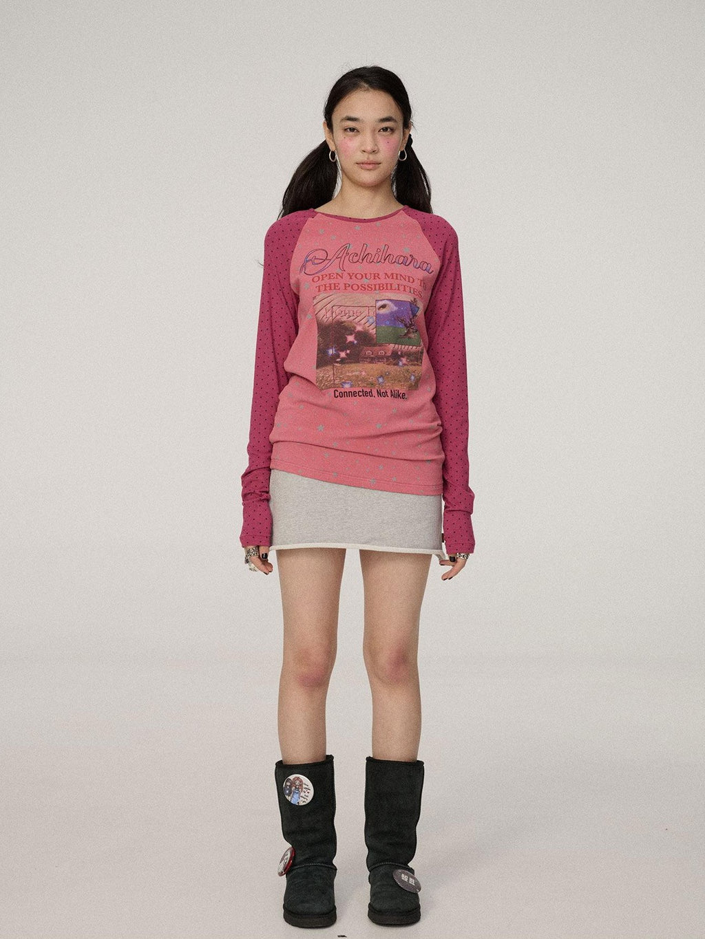 Achihara Polka Dot Patchwork Lettering Women'S Knit Polyester Long Sleeve T-Shirts