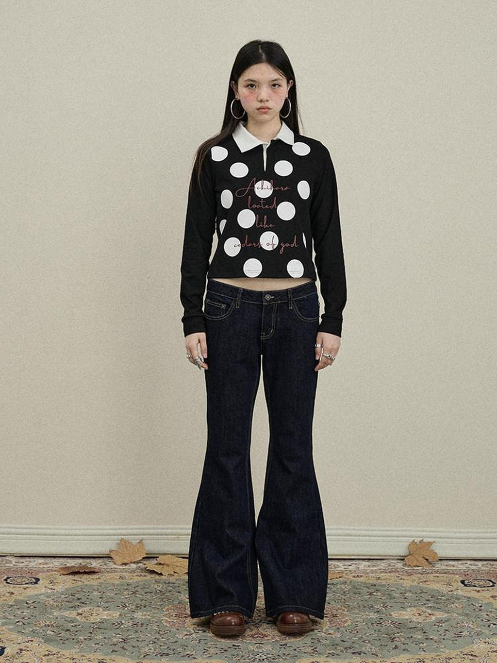 Achihara Polka Dot Polo Collar Straight Fit Women'S Pure Cotton Long Sleeve T-Shirts