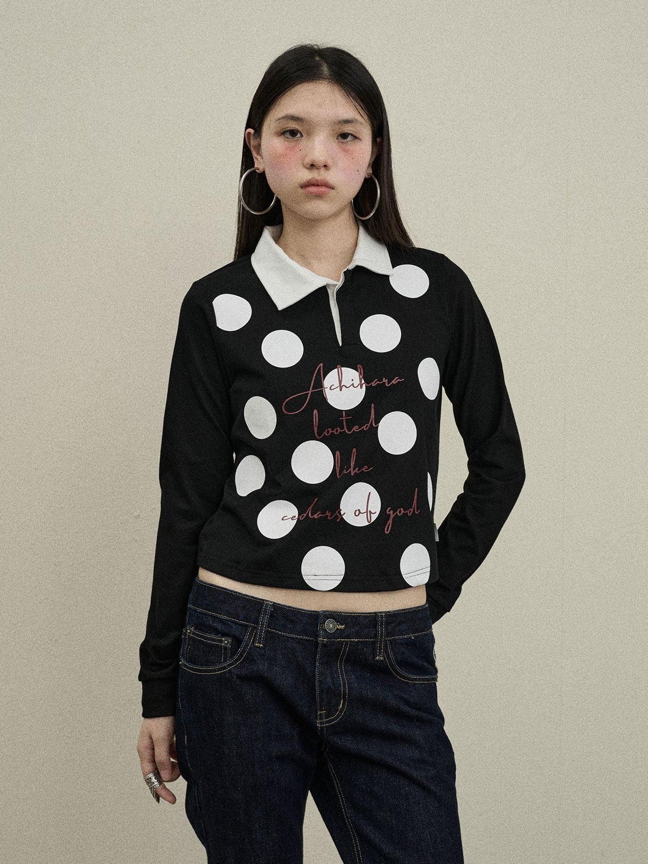 Achihara Polka Dot Polo Collar Straight Fit Women'S Pure Cotton Long Sleeve T-Shirts
