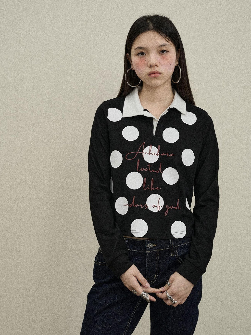 Achihara Polka Dot Polo Collar Straight Fit Women'S Pure Cotton Long Sleeve T-Shirts