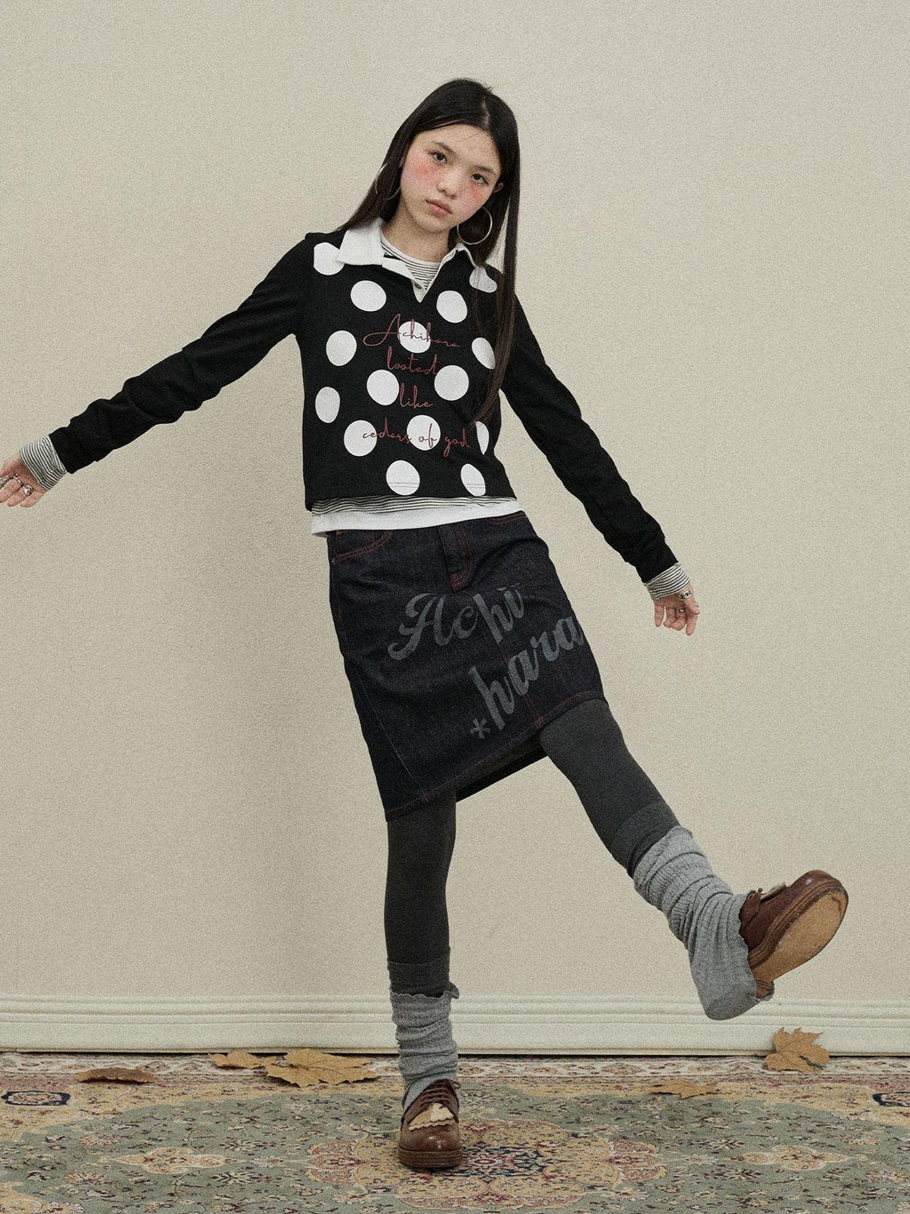 Achihara Polka Dot Polo Collar Straight Fit Women'S Pure Cotton Long Sleeve T-Shirts