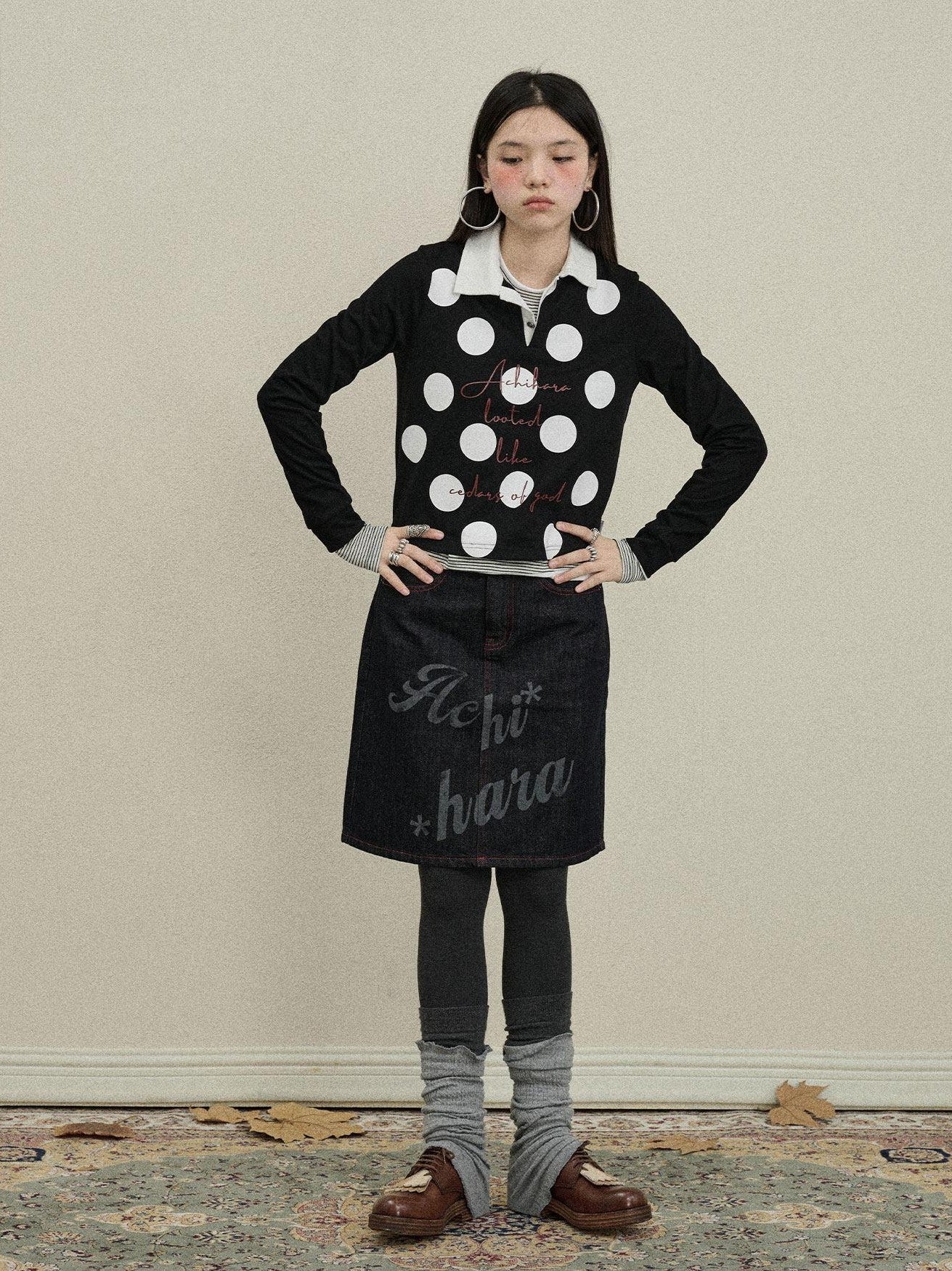 Achihara Polka Dot Polo Collar Straight Fit Women'S Pure Cotton Long Sleeve T-Shirts
