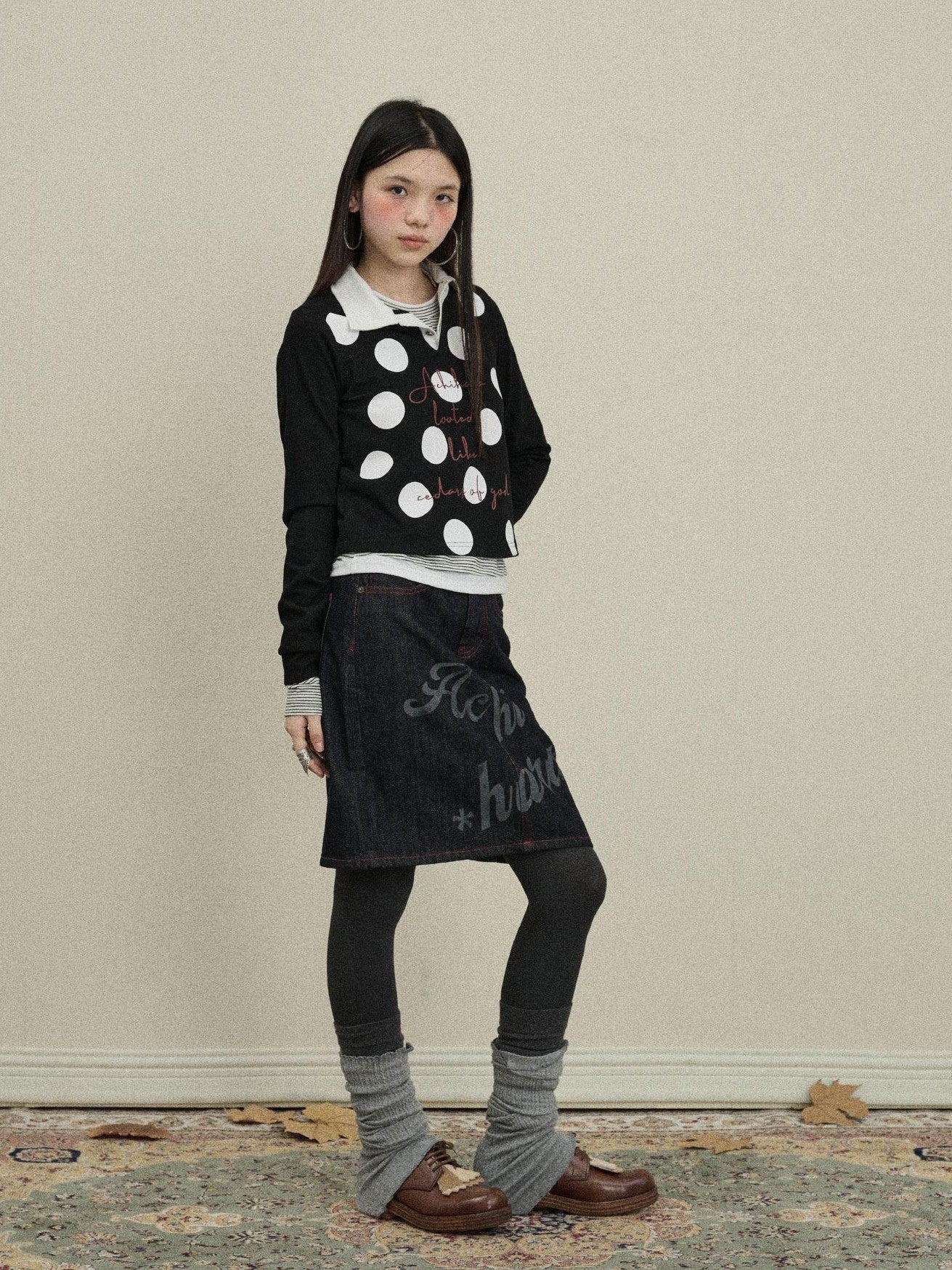 Achihara Polka Dot Polo Collar Straight Fit Women'S Pure Cotton Long Sleeve T-Shirts