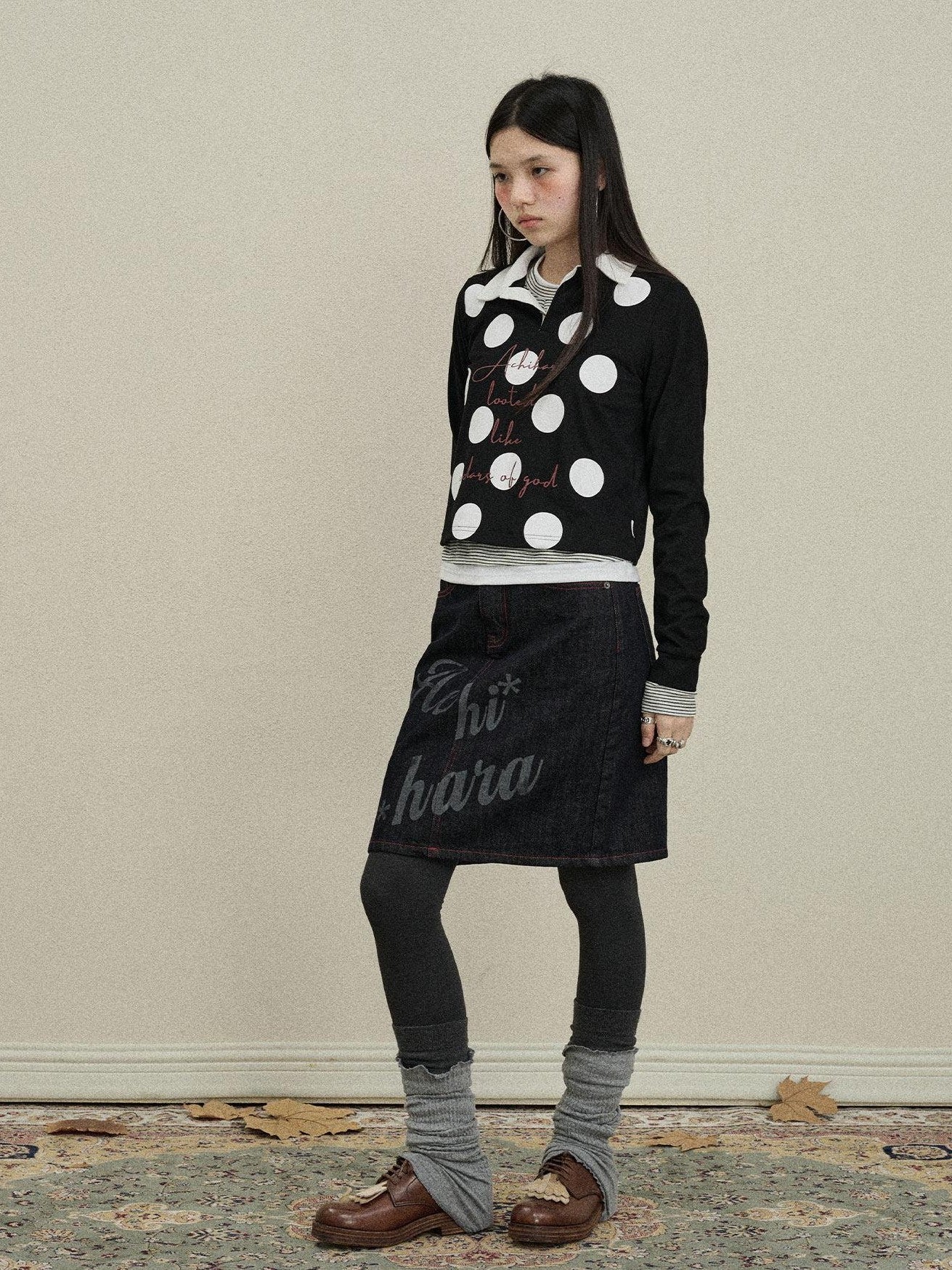 Achihara Polka Dot Polo Collar Straight Fit Women'S Pure Cotton Long Sleeve T-Shirts