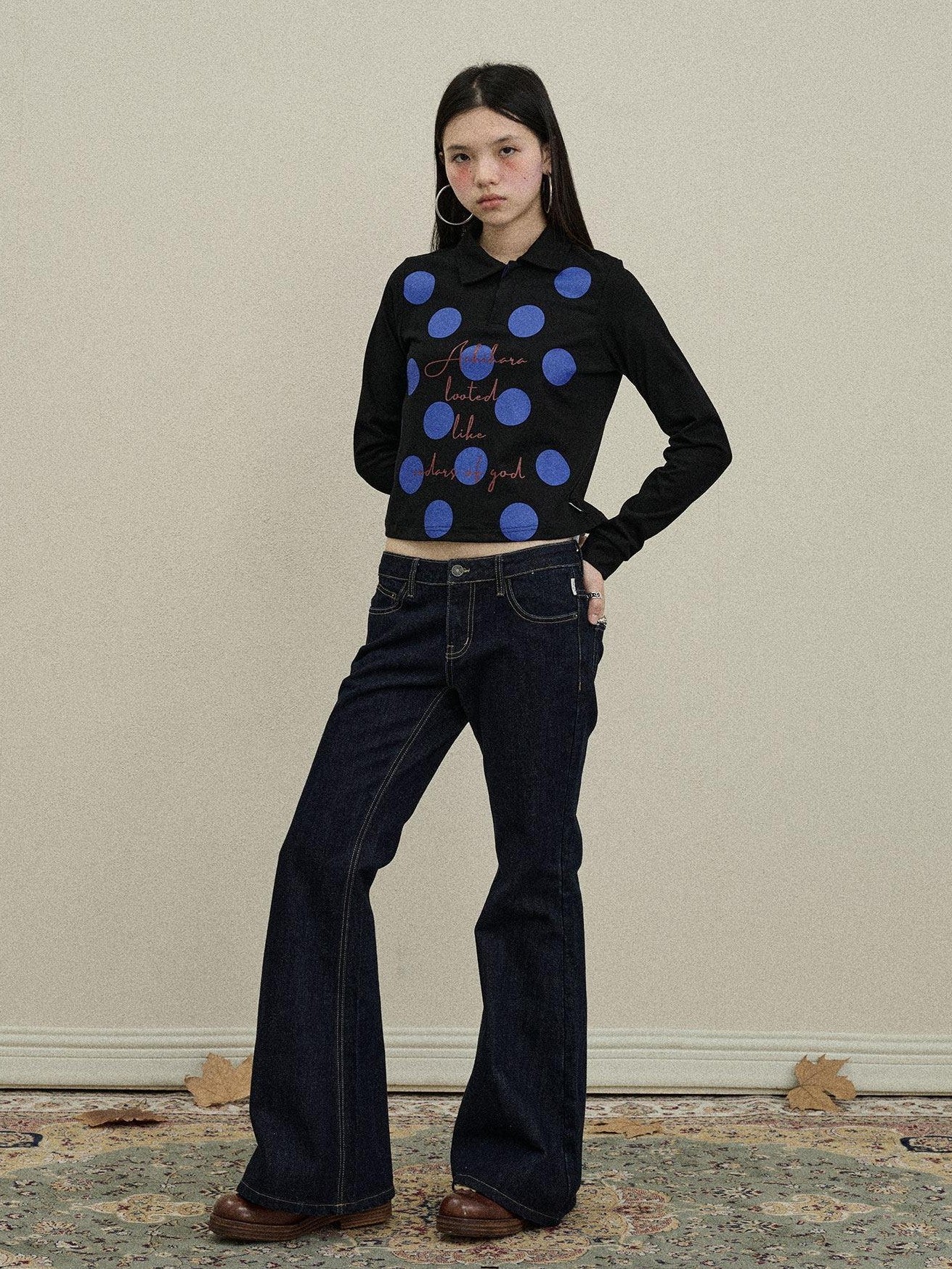 Achihara Polka Dot Polo Collar Straight Fit Women'S Pure Cotton Long Sleeve T-Shirts