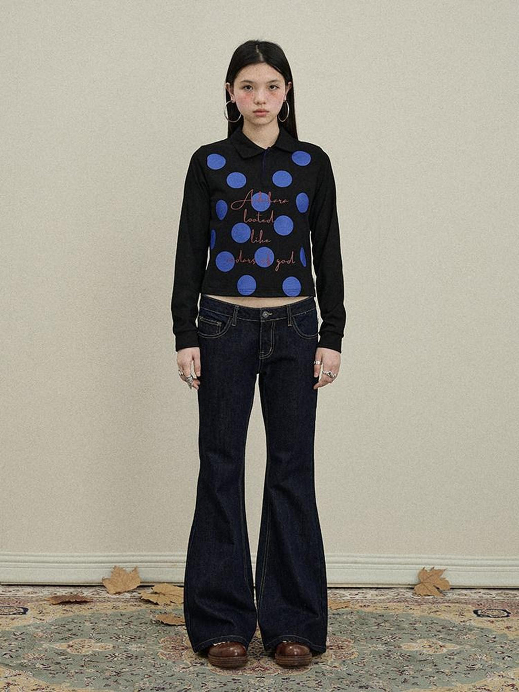 Achihara Polka Dot Polo Collar Straight Fit Women'S Pure Cotton Long Sleeve T-Shirts