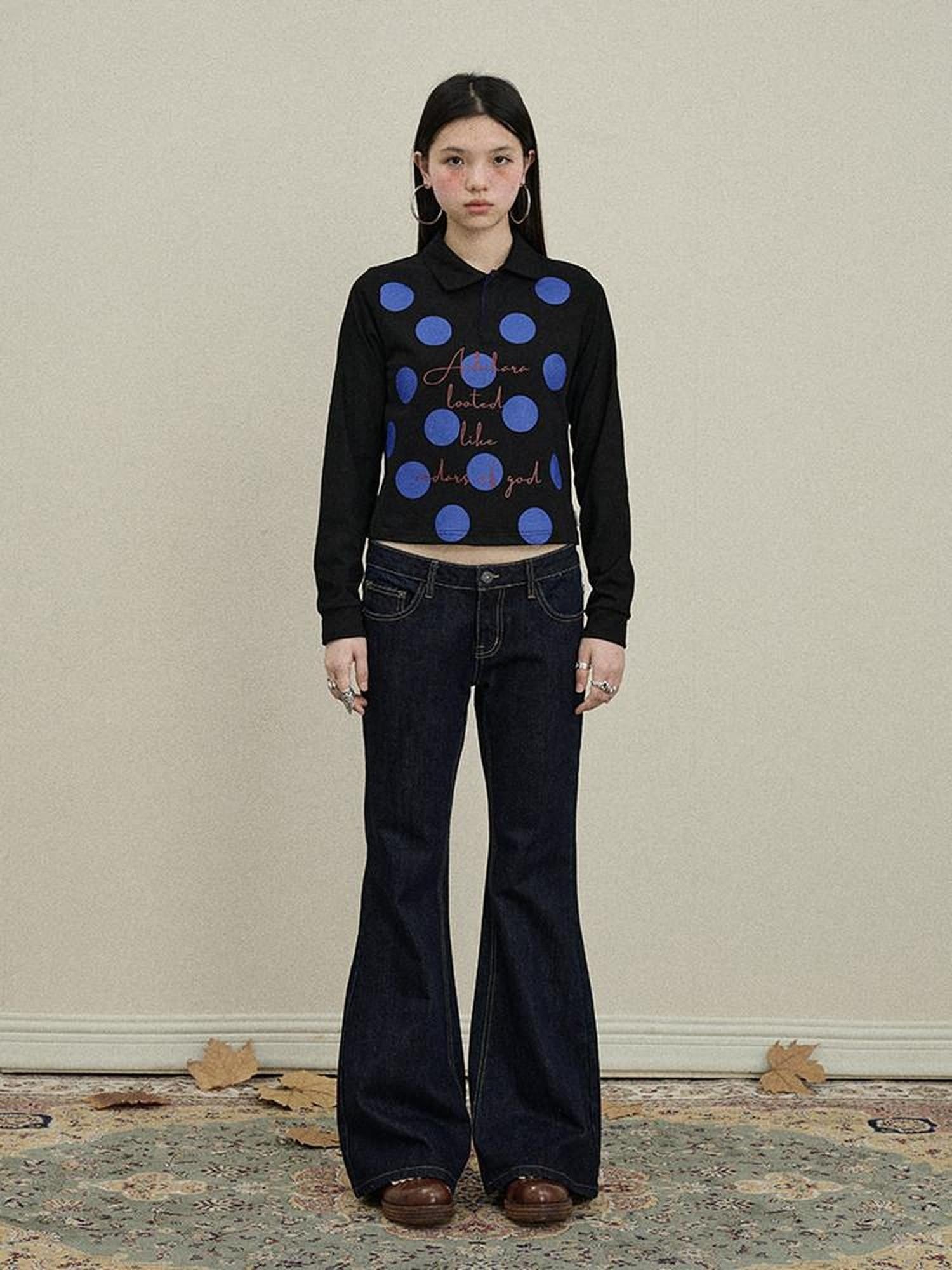 Achihara Polka Dot Polo Collar Straight Fit Women'S Pure Cotton Long Sleeve T-Shirts