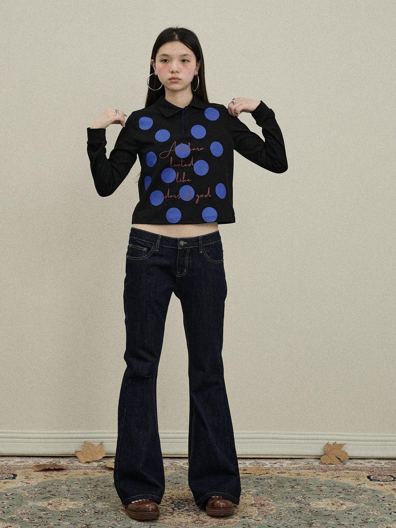 Achihara Polka Dot Polo Collar Straight Fit Women'S Pure Cotton Long Sleeve T-Shirts