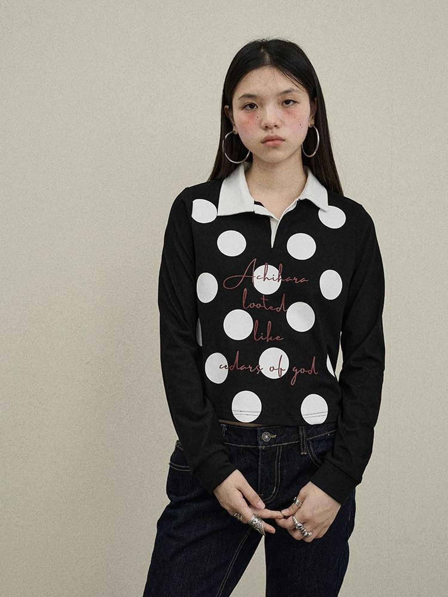 Achihara Polka Dot Polo Collar Straight Fit Women'S Pure Cotton Long Sleeve T-Shirts