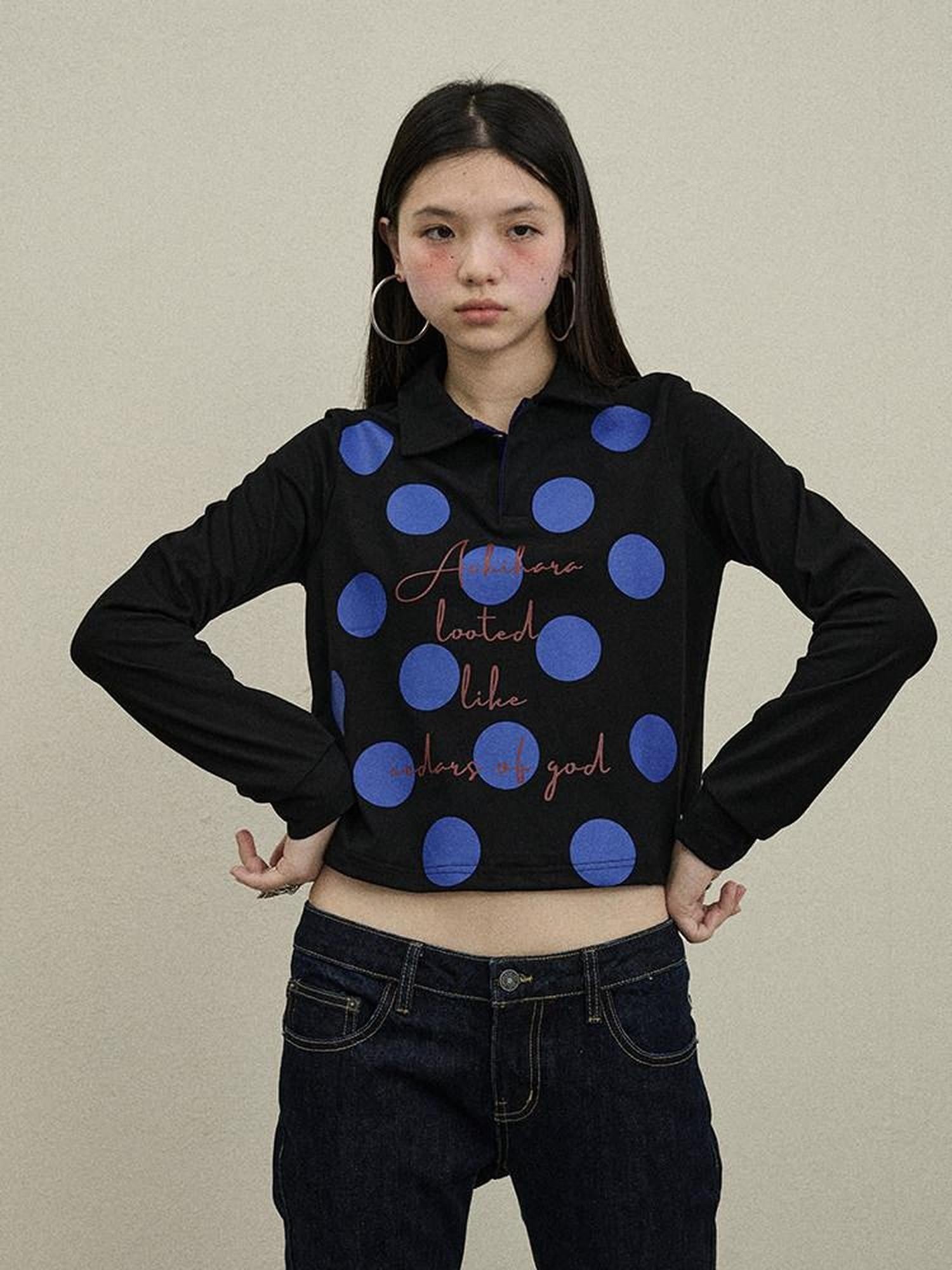 Achihara Polka Dot Polo Collar Straight Fit Women'S Pure Cotton Long Sleeve T-Shirts