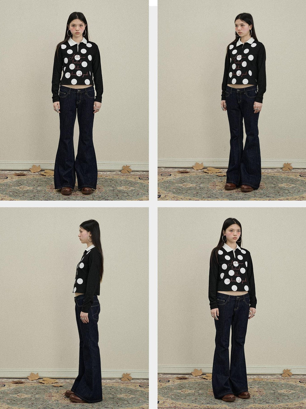 Achihara Polka Dot Polo Collar Straight Fit Women'S Pure Cotton Long Sleeve T-Shirts