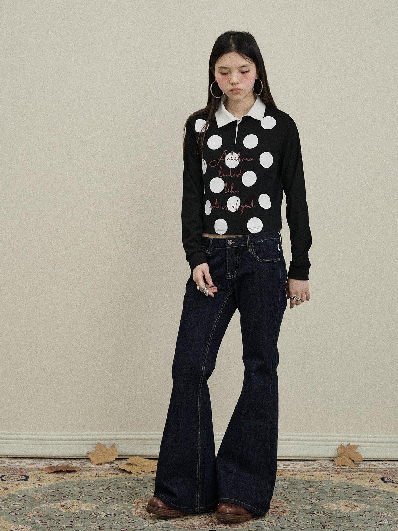 Achihara Polka Dot Polo Collar Straight Fit Women'S Pure Cotton Long Sleeve T-Shirts