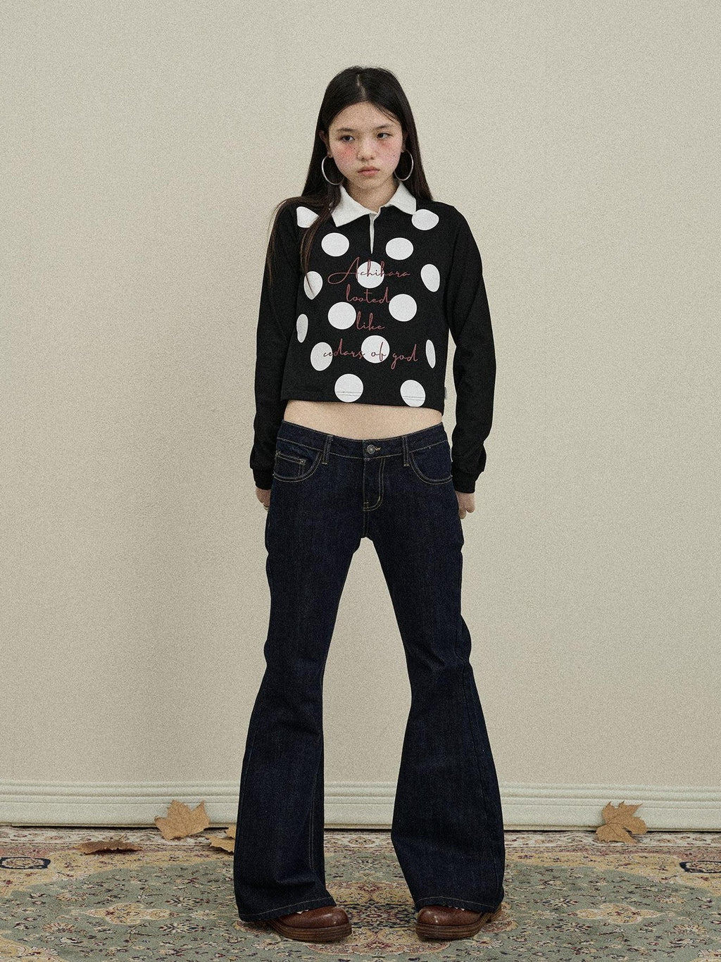 Achihara Polka Dot Polo Collar Straight Fit Women'S Pure Cotton Long Sleeve T-Shirts