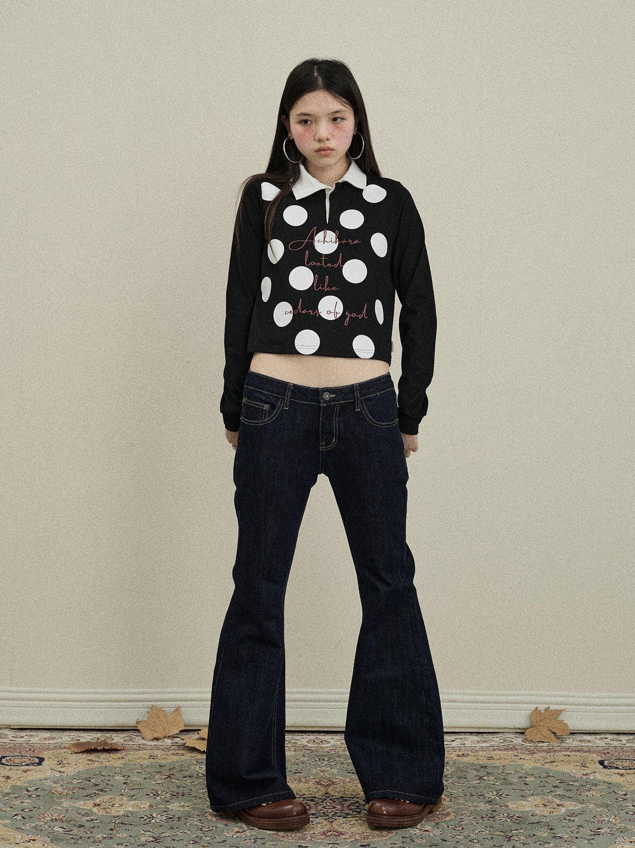 Achihara Polka Dot Polo Collar Straight Fit Women'S Pure Cotton Long Sleeve T-Shirts