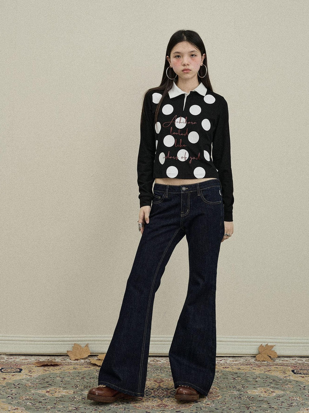 Achihara Polka Dot Polo Collar Straight Fit Women'S Pure Cotton Long Sleeve T-Shirts