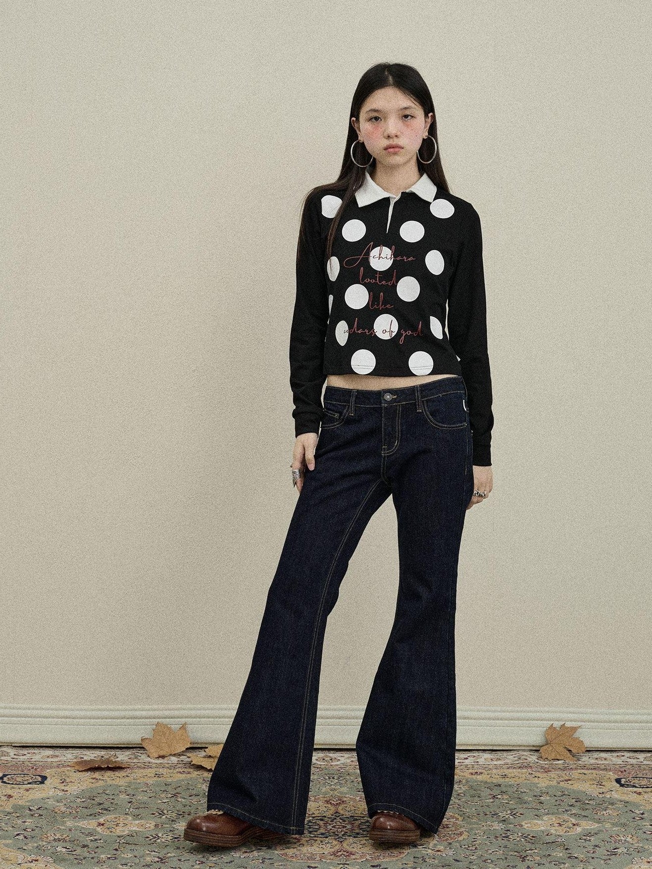 Achihara Polka Dot Polo Collar Straight Fit Women'S Pure Cotton Long Sleeve T-Shirts