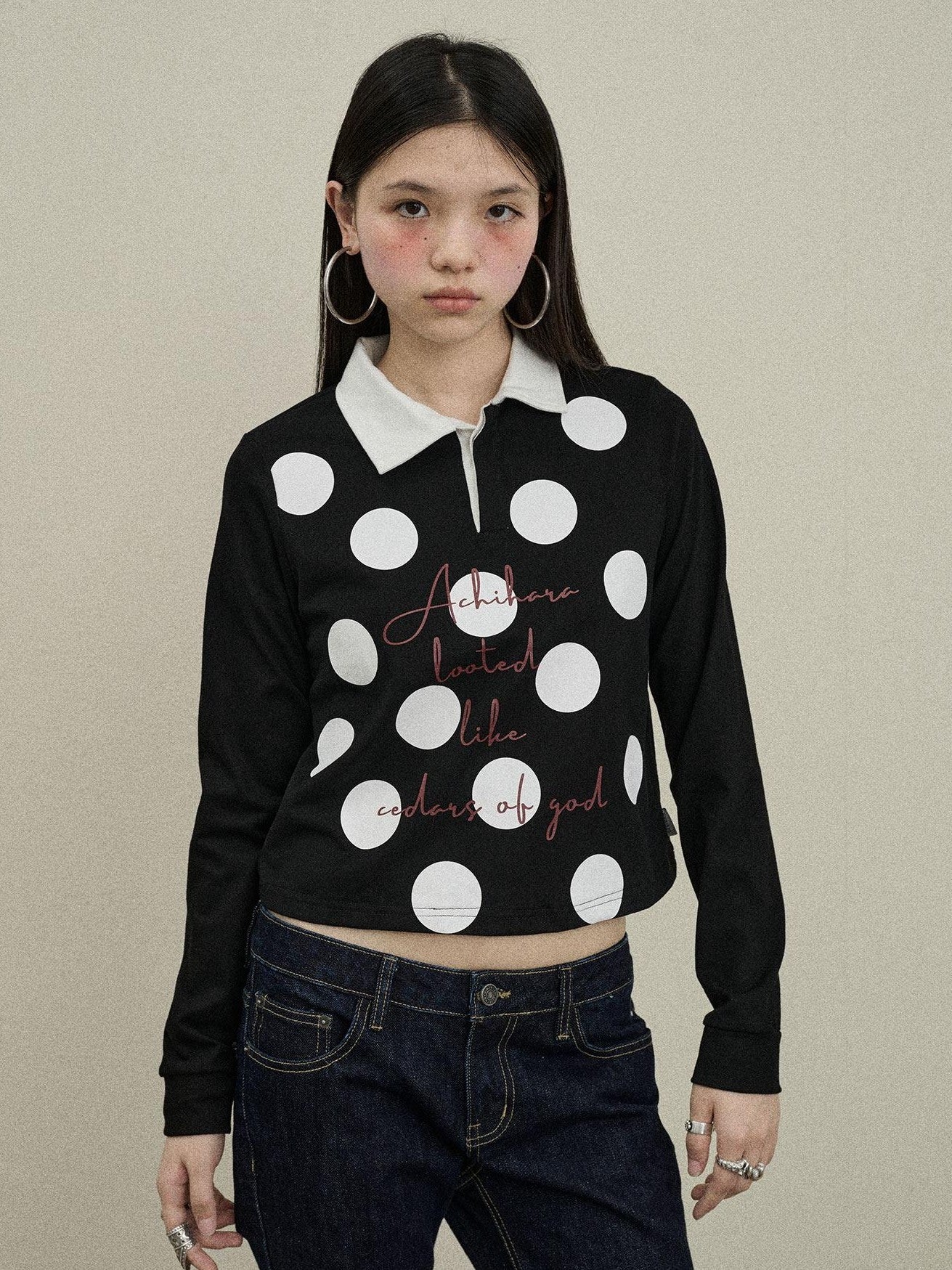 Achihara Polka Dot Polo Collar Straight Fit Women'S Pure Cotton Long Sleeve T-Shirts