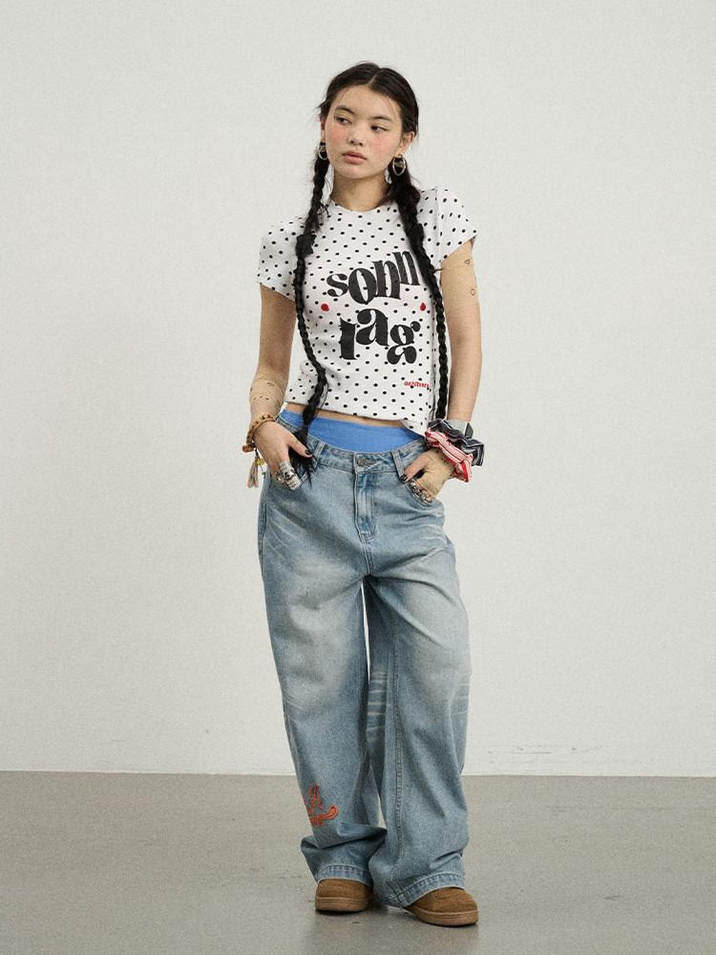 Achihara Polka Dot Printed Crew Neck Slim Fit Women'S Viscose Blend Short Sleeve T-Shirts