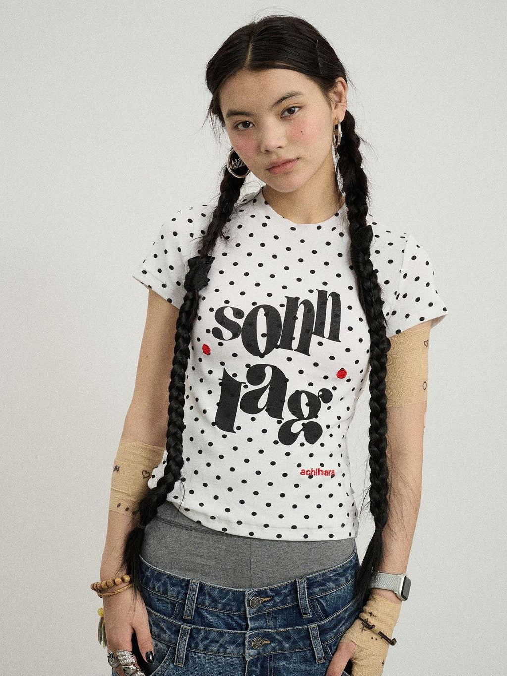 Achihara Polka Dot Printed Crew Neck Slim Fit Women'S Viscose Blend Short Sleeve T-Shirts
