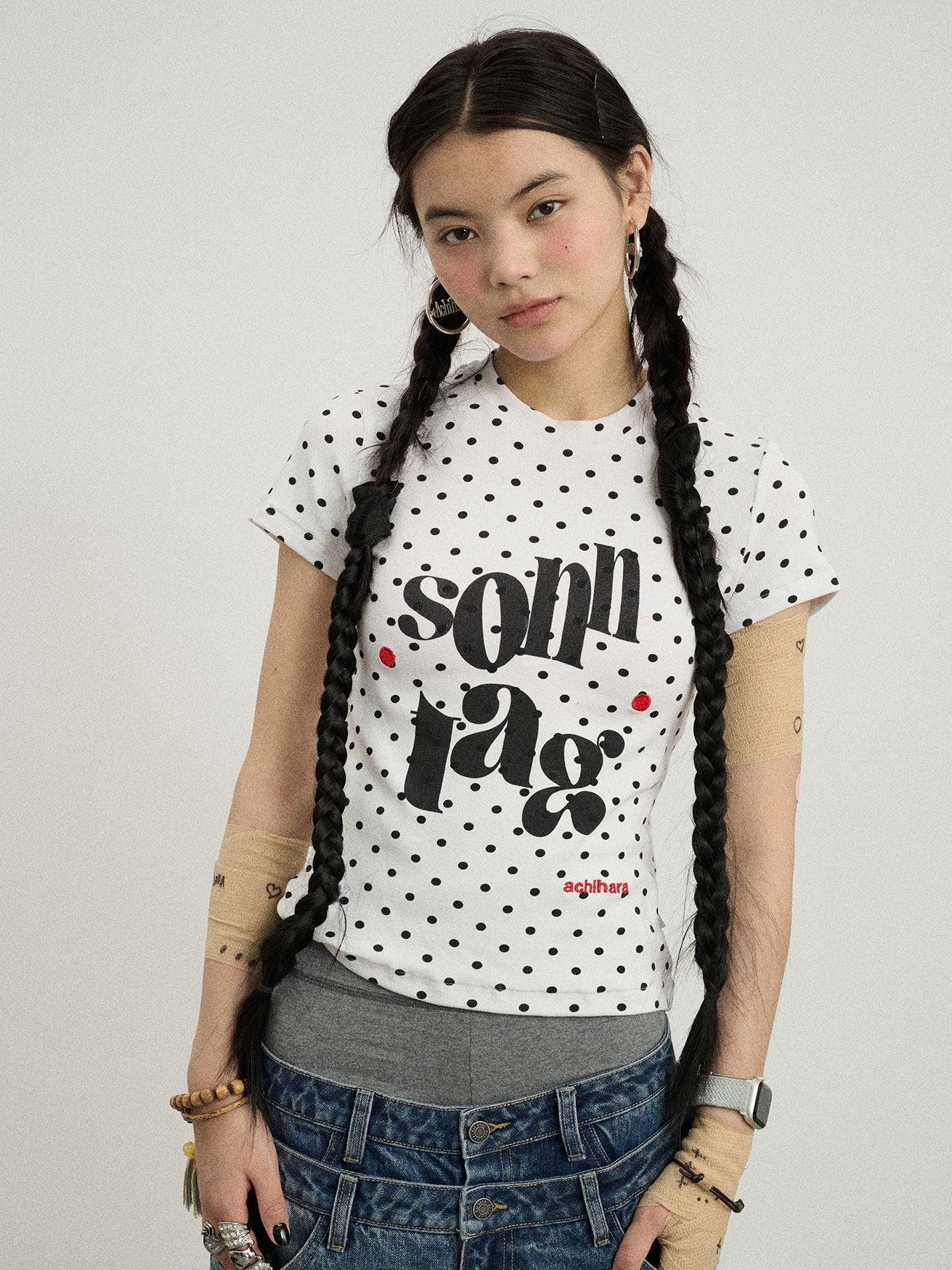 Achihara Polka Dot Printed Crew Neck Slim Fit Women'S Viscose Blend Short Sleeve T-Shirts