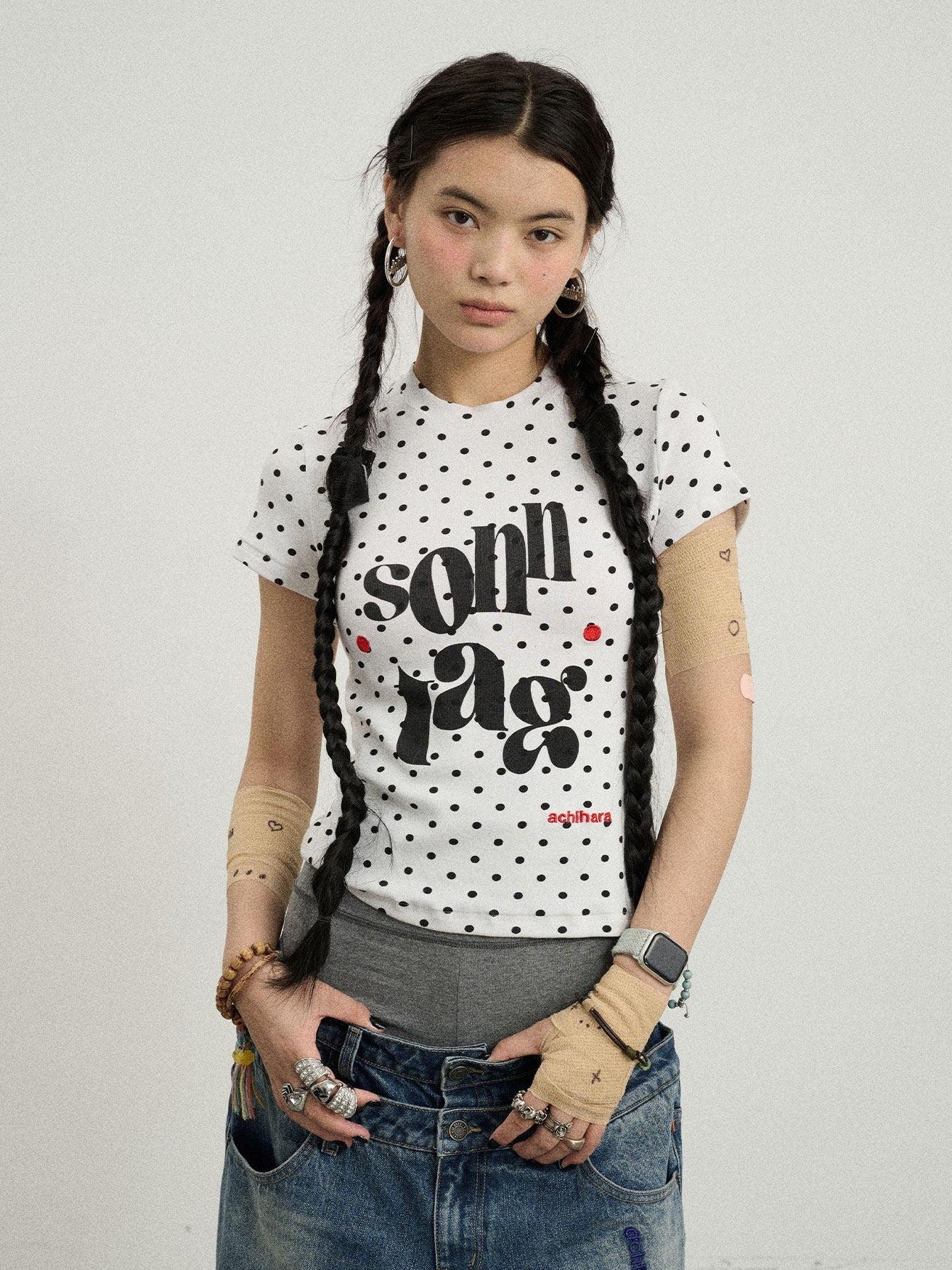 Achihara Polka Dot Printed Crew Neck Slim Fit Women'S Viscose Blend Short Sleeve T-Shirts