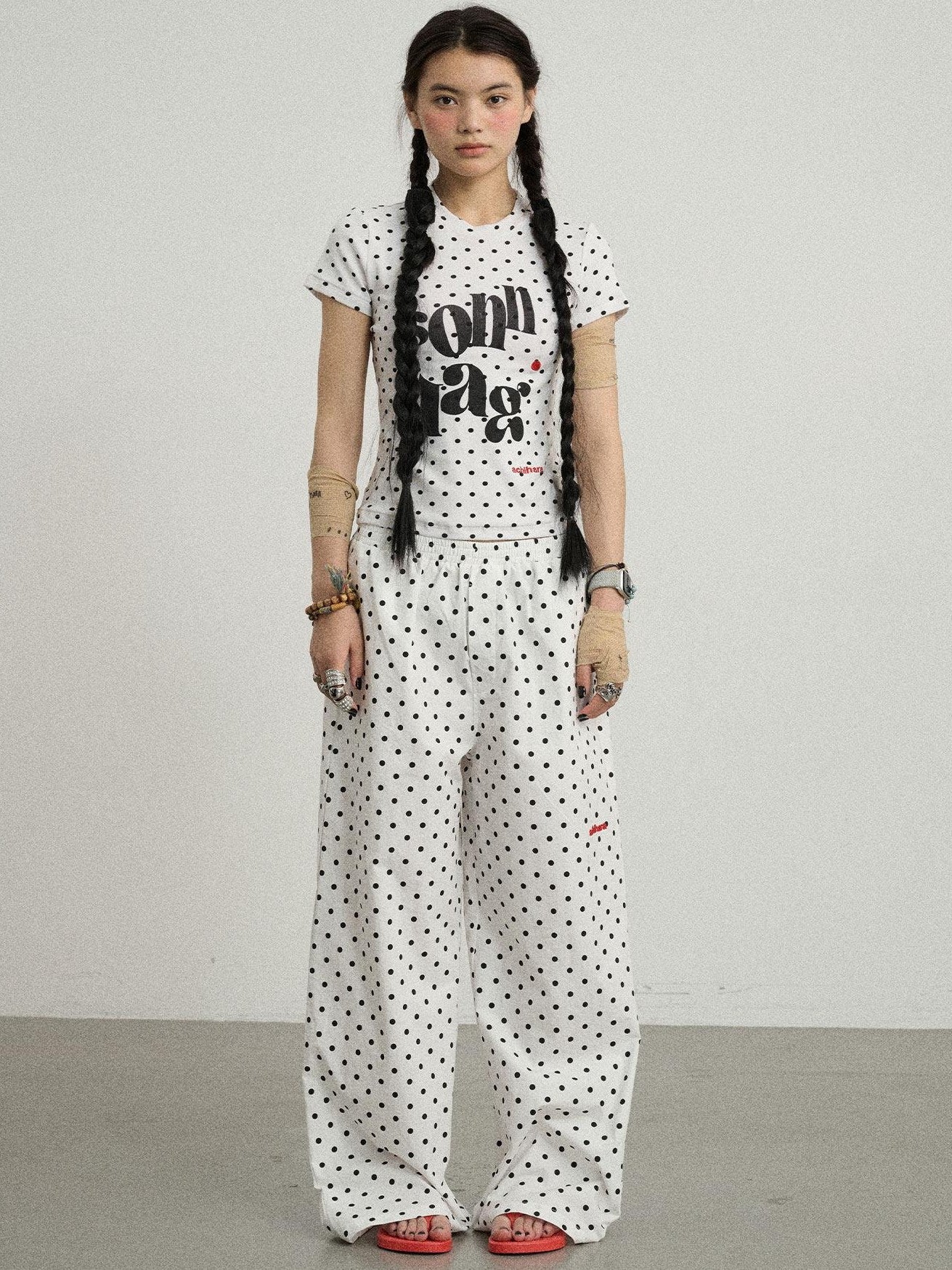 Achihara Polka Dot Printed Crew Neck Slim Fit Women'S Viscose Blend Short Sleeve T-Shirts