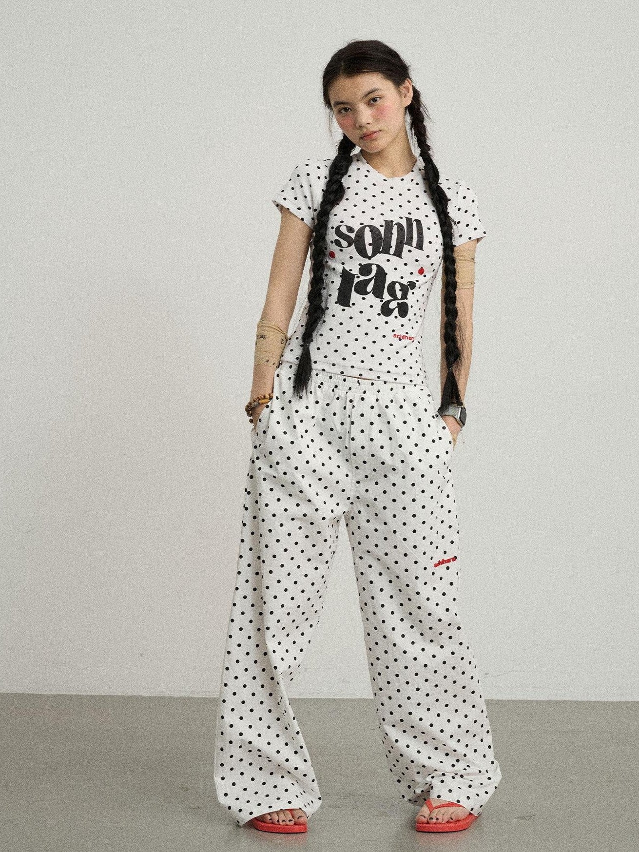 Achihara Polka Dot Printed Crew Neck Slim Fit Women'S Viscose Blend Short Sleeve T-Shirts