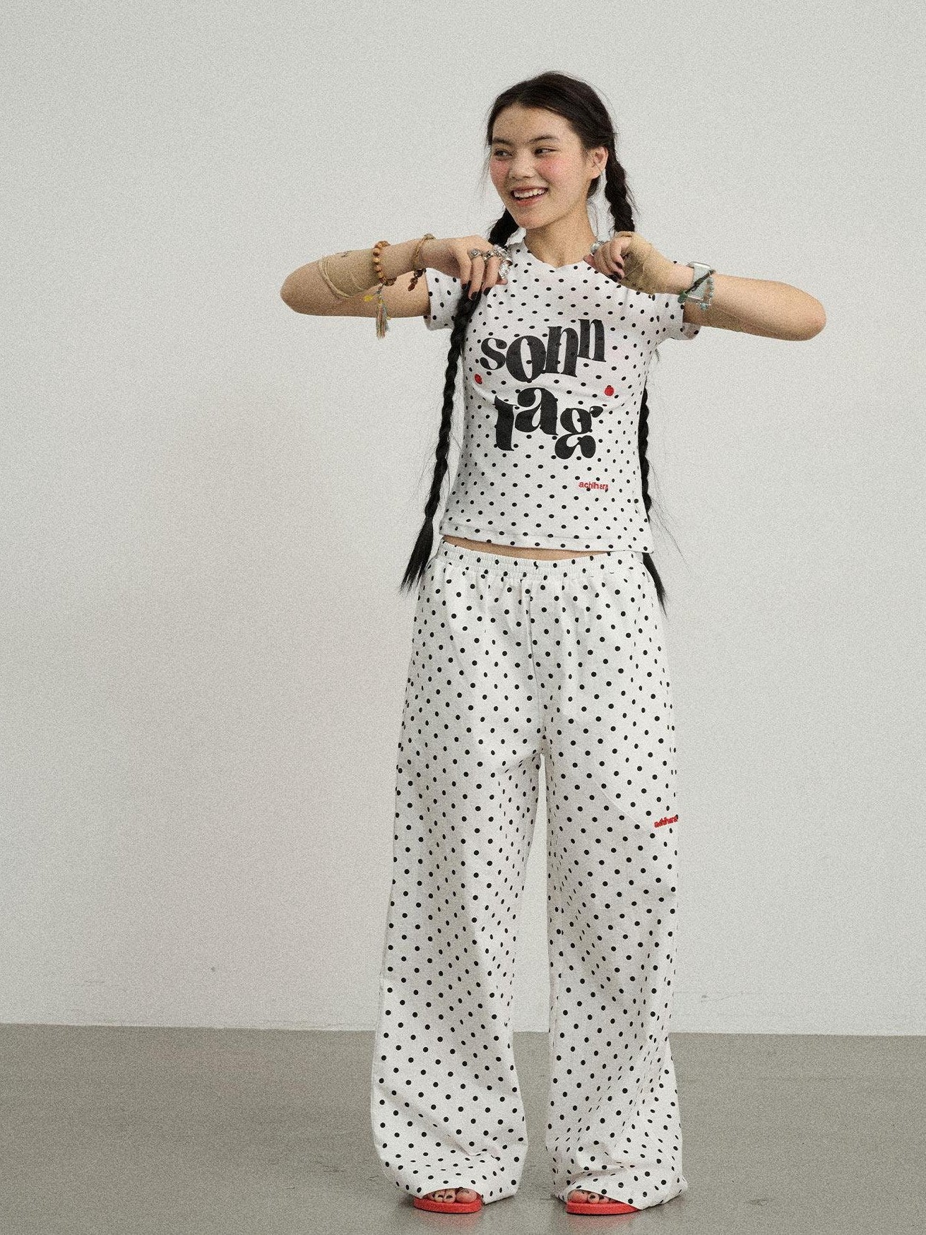 Achihara Polka Dot Printed Crew Neck Slim Fit Women'S Viscose Blend Short Sleeve T-Shirts