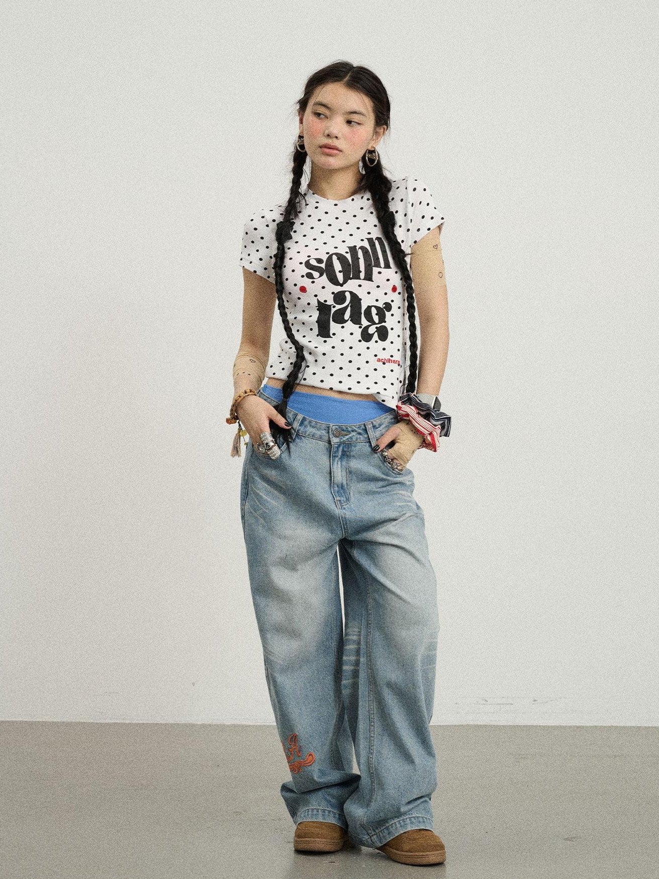 Achihara Polka Dot Printed Crew Neck Slim Fit Women'S Viscose Blend Short Sleeve T-Shirts