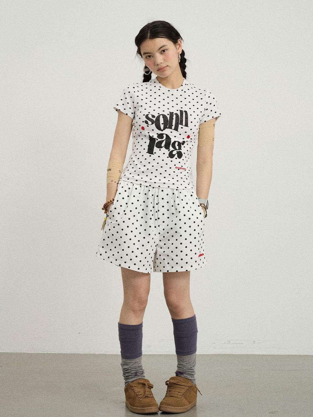 Achihara Polka Dot Printed Crew Neck Slim Fit Women'S Viscose Blend Short Sleeve T-Shirts
