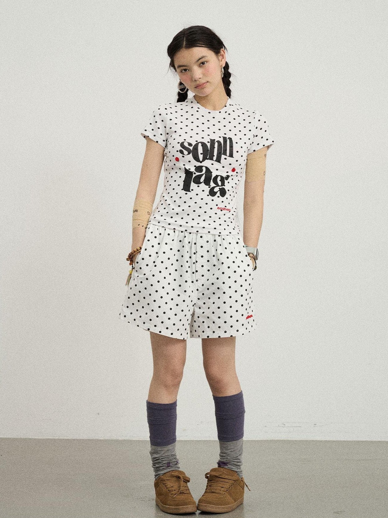 Achihara Polka Dot Printed Crew Neck Slim Fit Women'S Viscose Blend Short Sleeve T-Shirts