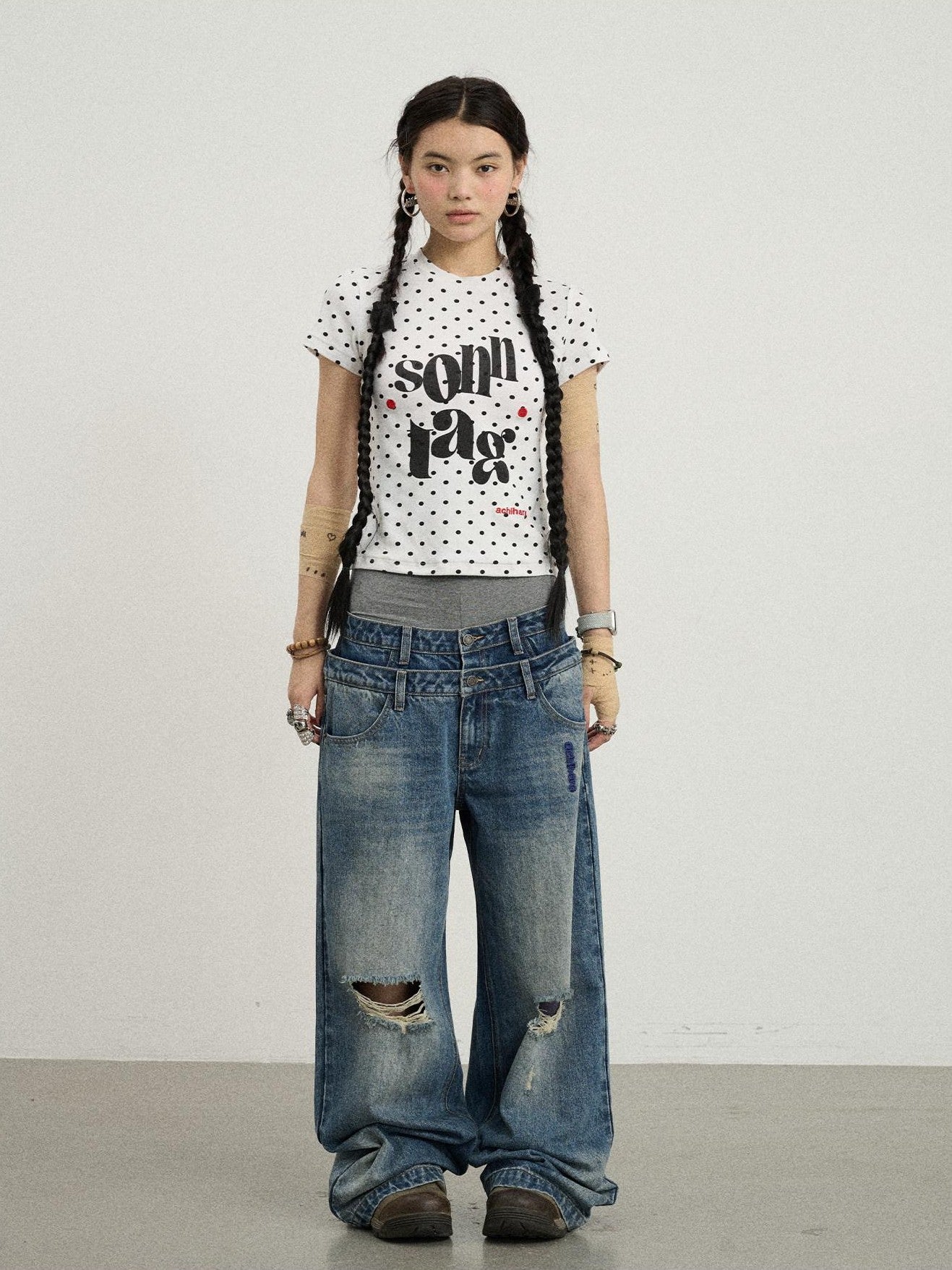 Achihara Polka Dot Printed Crew Neck Slim Fit Women'S Viscose Blend Short Sleeve T-Shirts