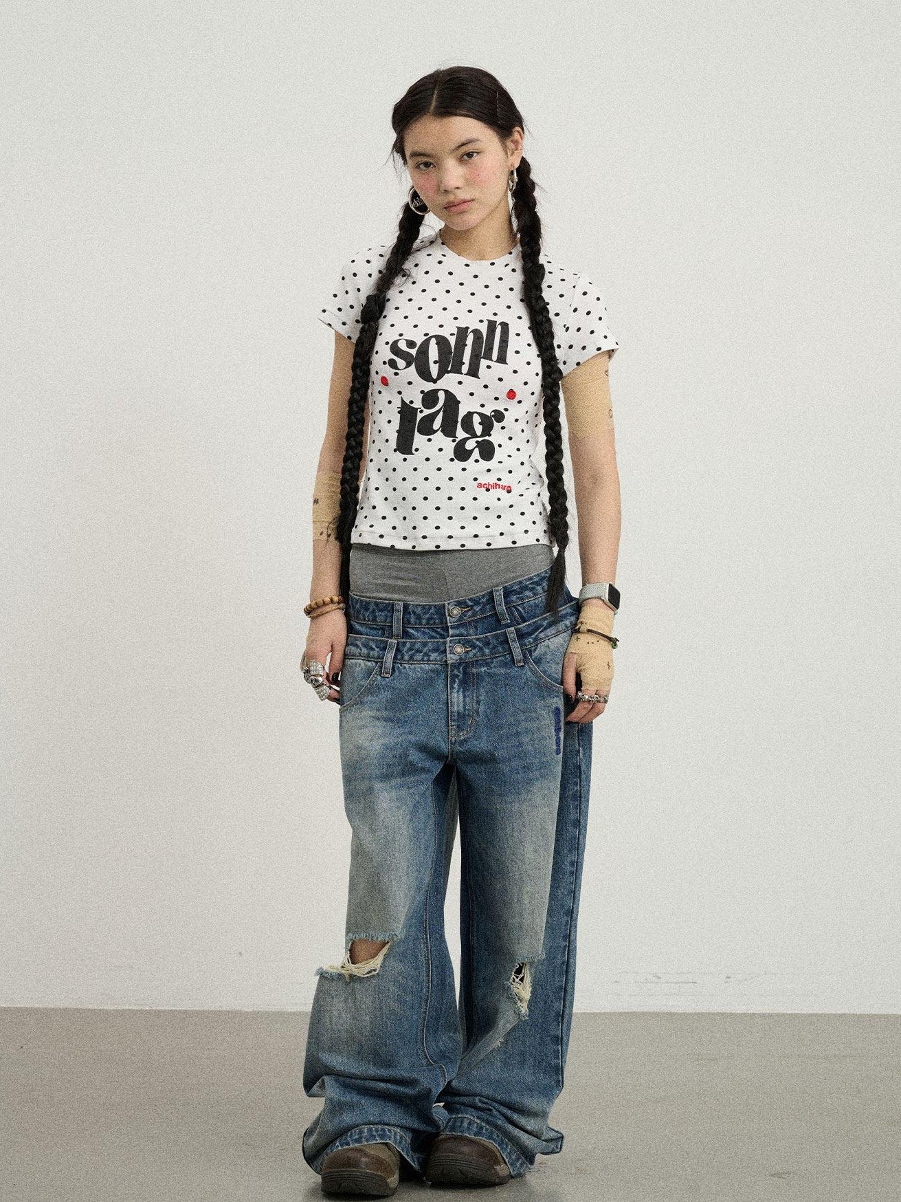 Achihara Polka Dot Printed Crew Neck Slim Fit Women'S Viscose Blend Short Sleeve T-Shirts