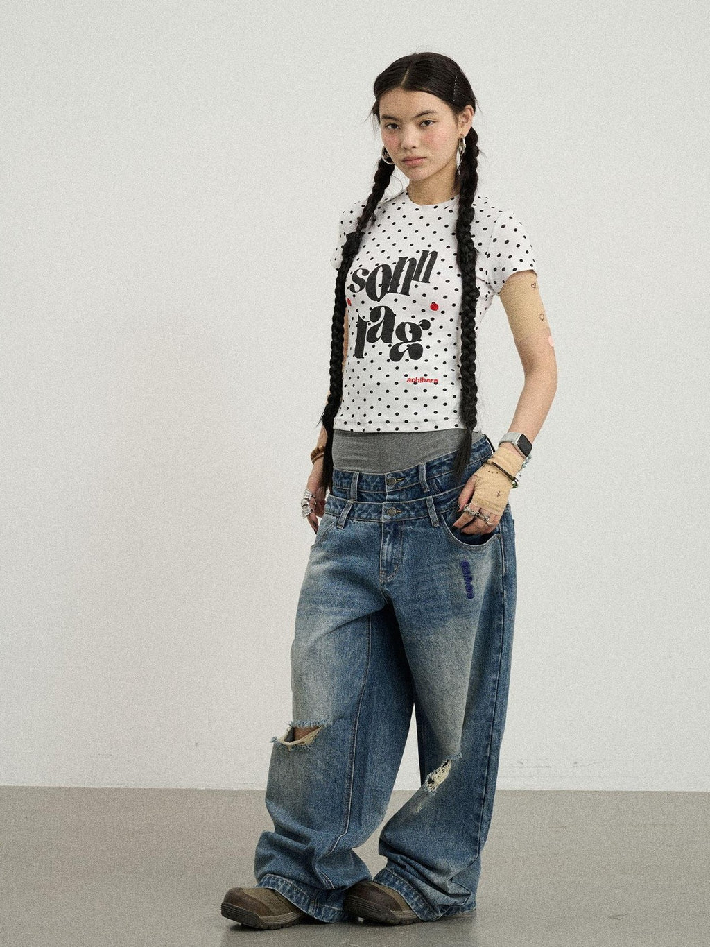 Achihara Polka Dot Printed Crew Neck Slim Fit Women'S Viscose Blend Short Sleeve T-Shirts