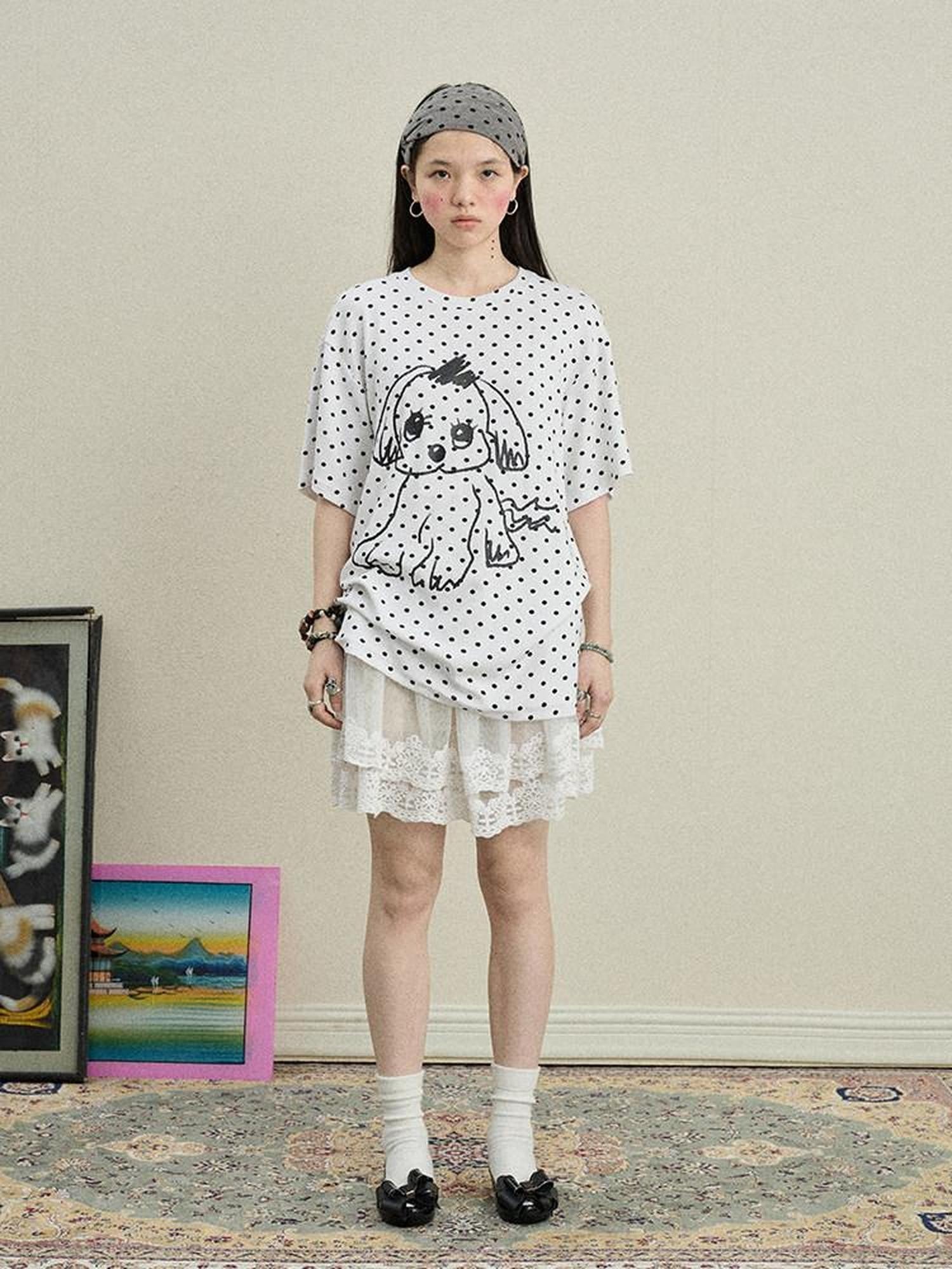 Achihara Polka Dot Printed Loose Fit Women'S Viscose Blend Short Sleeve T-Shirts