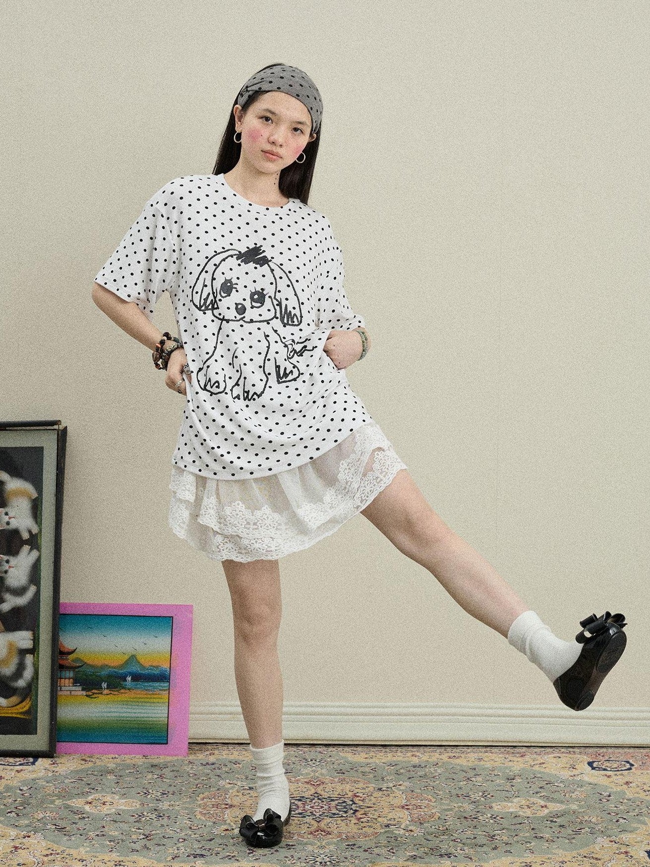 Achihara Polka Dot Printed Loose Fit Women'S Viscose Blend Short Sleeve T-Shirts