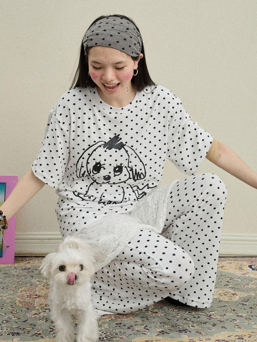 Achihara Polka Dot Printed Loose Fit Women'S Viscose Blend Short Sleeve T-Shirts