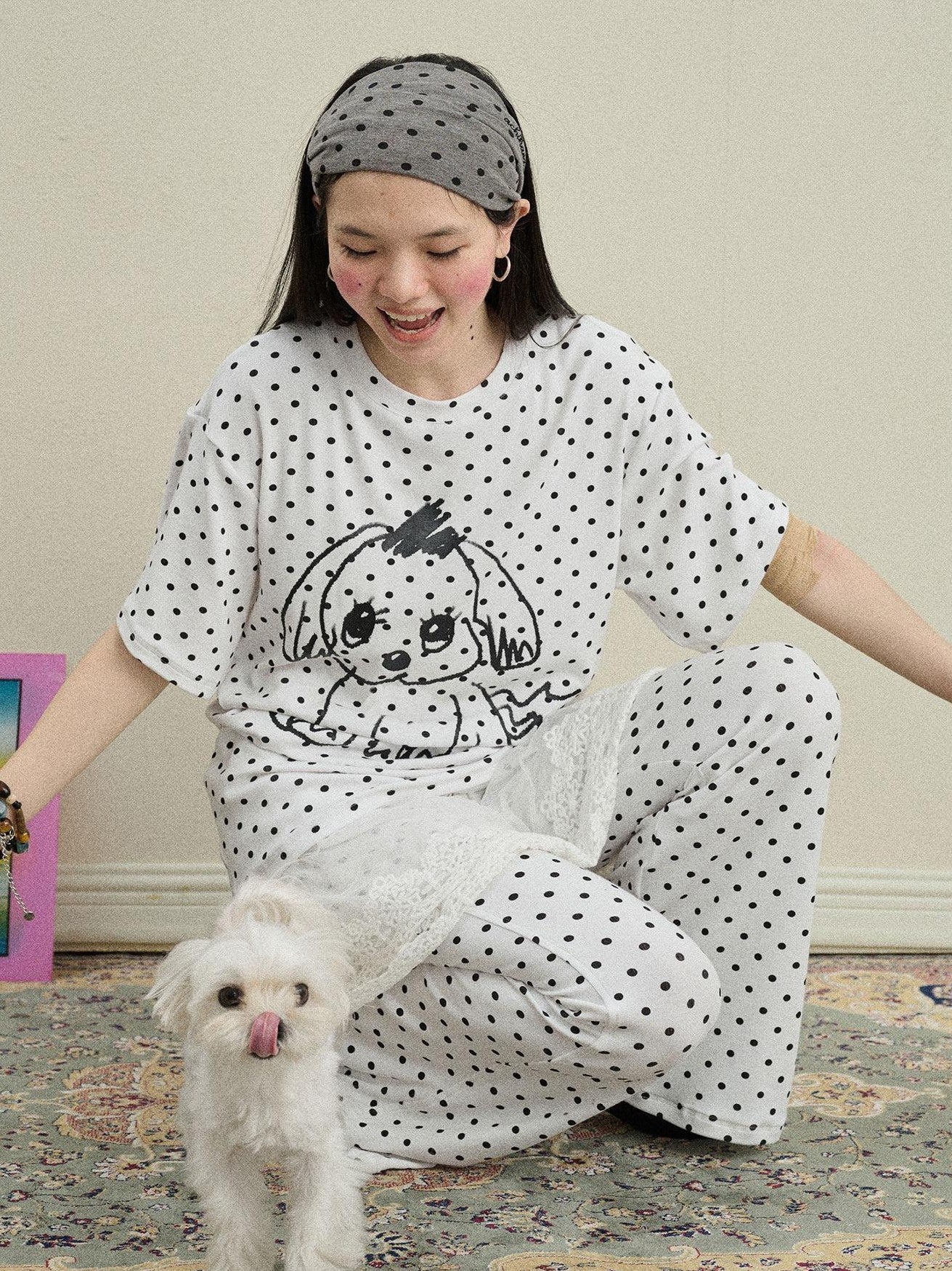 Achihara Polka Dot Printed Loose Fit Women'S Viscose Blend Short Sleeve T-Shirts
