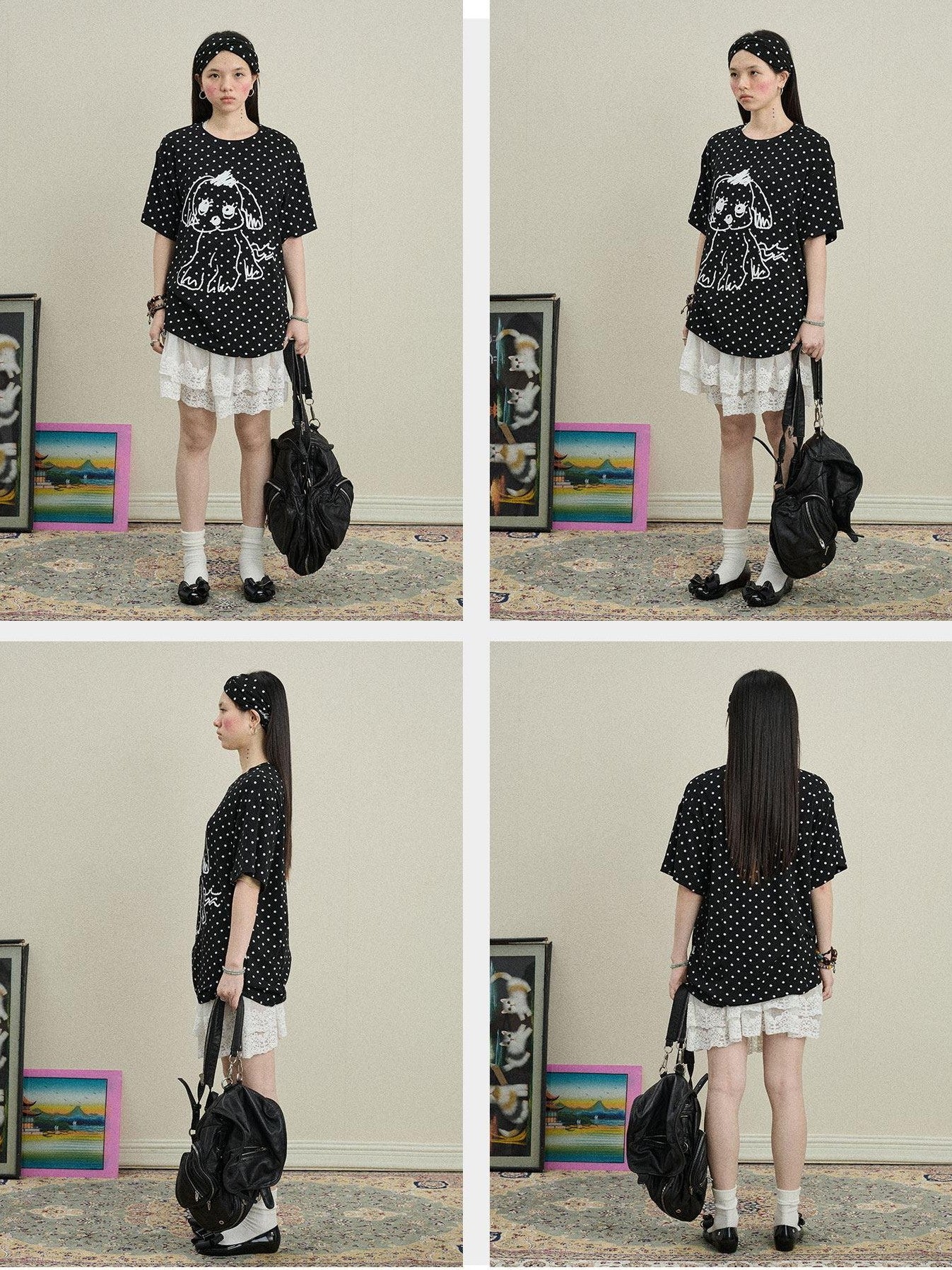 Achihara Polka Dot Printed Loose Fit Women'S Viscose Blend Short Sleeve T-Shirts