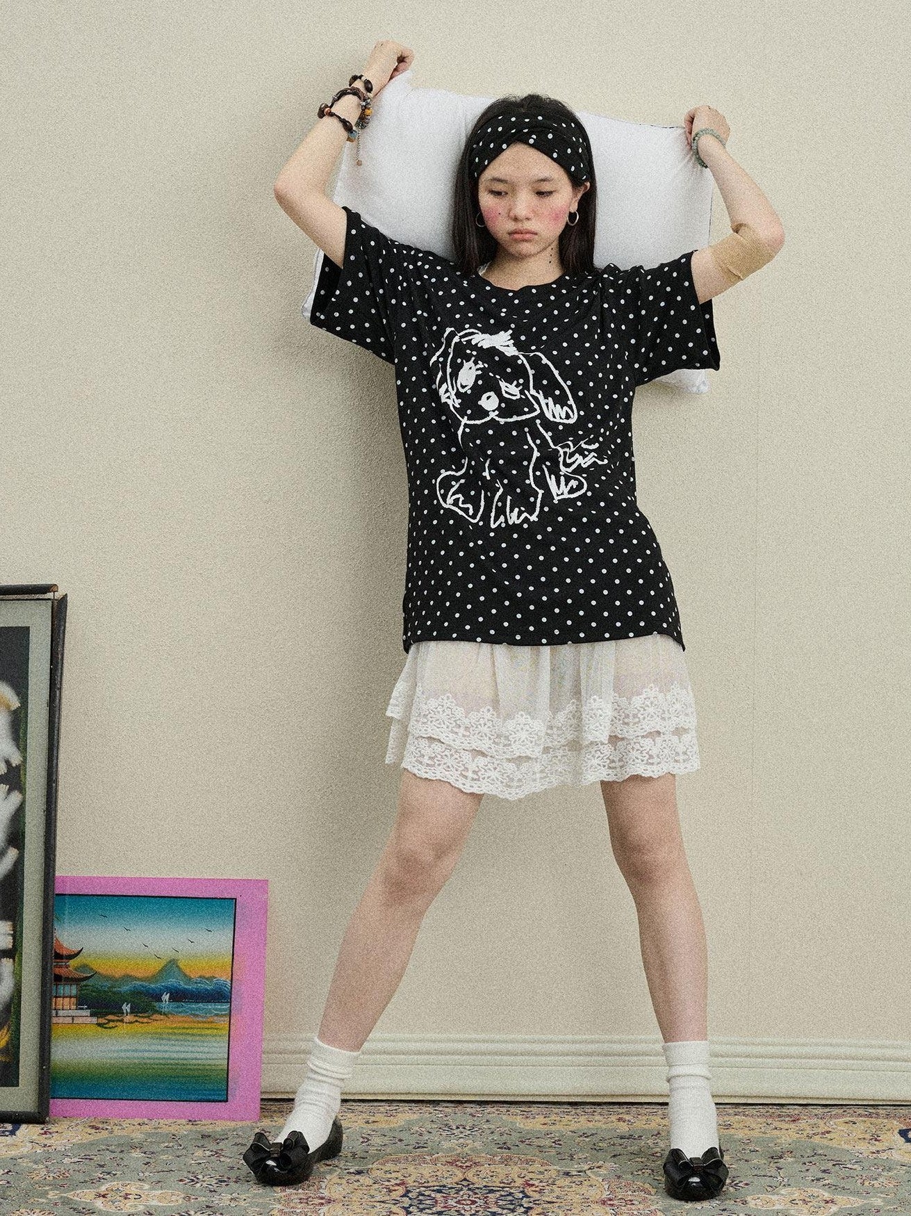 Achihara Polka Dot Printed Loose Fit Women'S Viscose Blend Short Sleeve T-Shirts