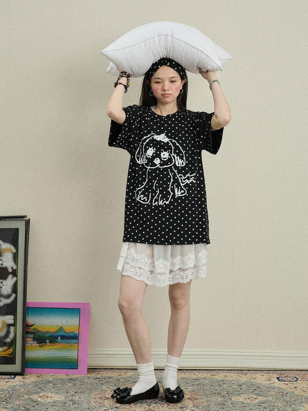 Achihara Polka Dot Printed Loose Fit Women'S Viscose Blend Short Sleeve T-Shirts