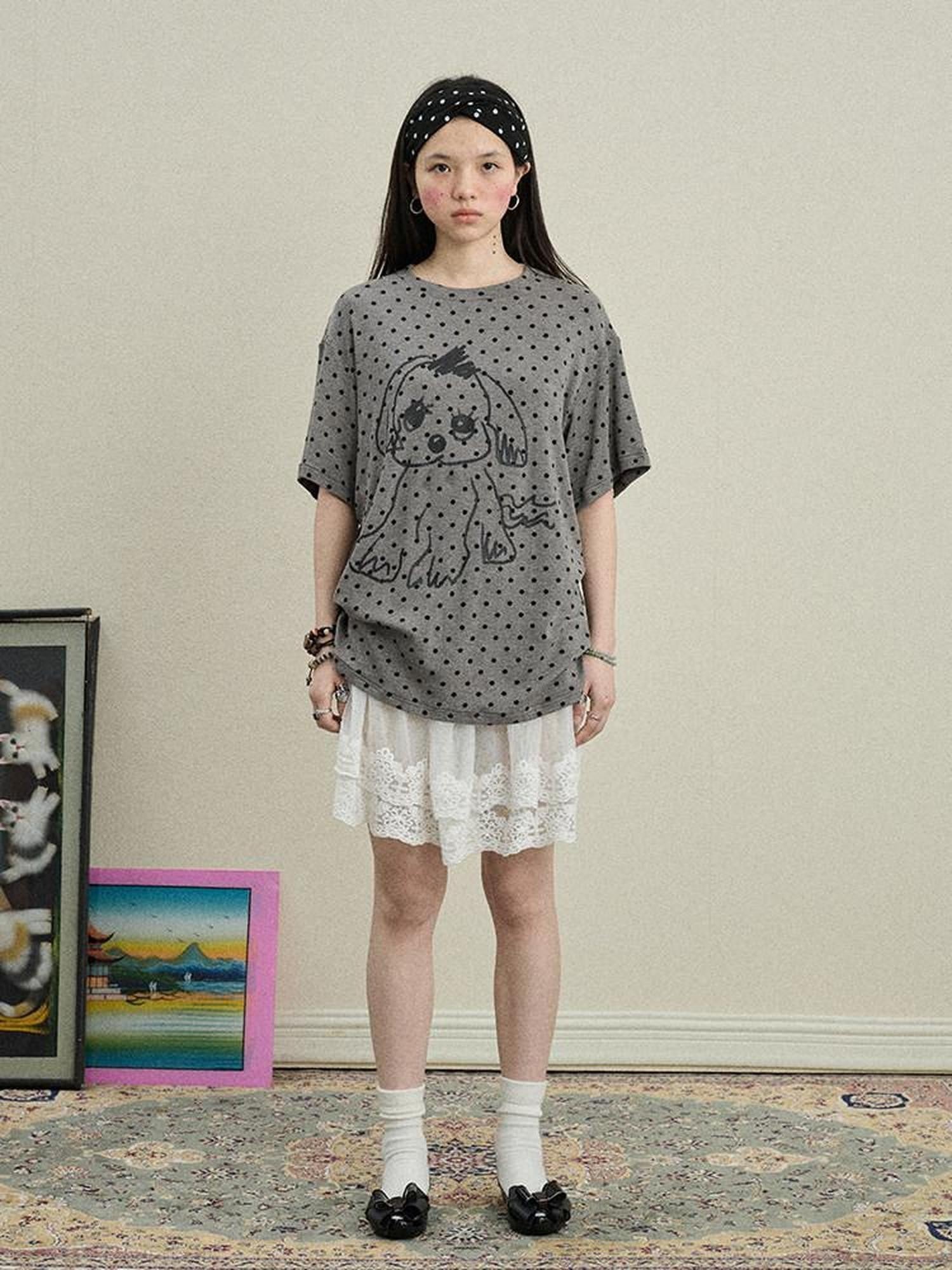 Achihara Polka Dot Printed Loose Fit Women'S Viscose Blend Short Sleeve T-Shirts
