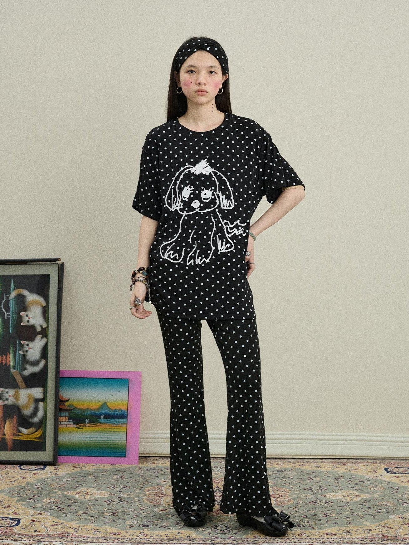 Achihara Polka Dot Printed Loose Fit Women'S Viscose Blend Short Sleeve T-Shirts
