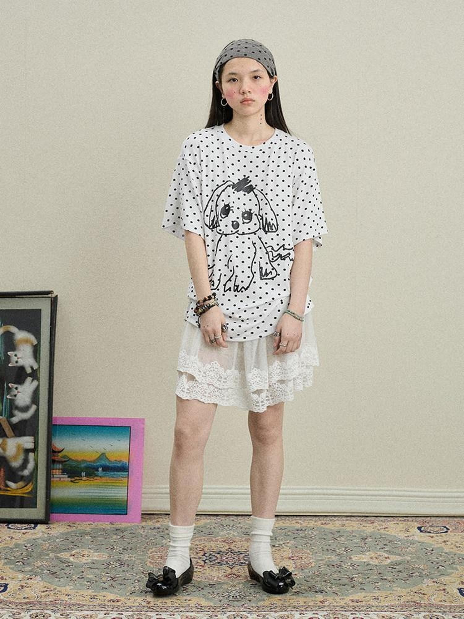 Achihara Polka Dot Printed Loose Fit Women'S Viscose Blend Short Sleeve T-Shirts