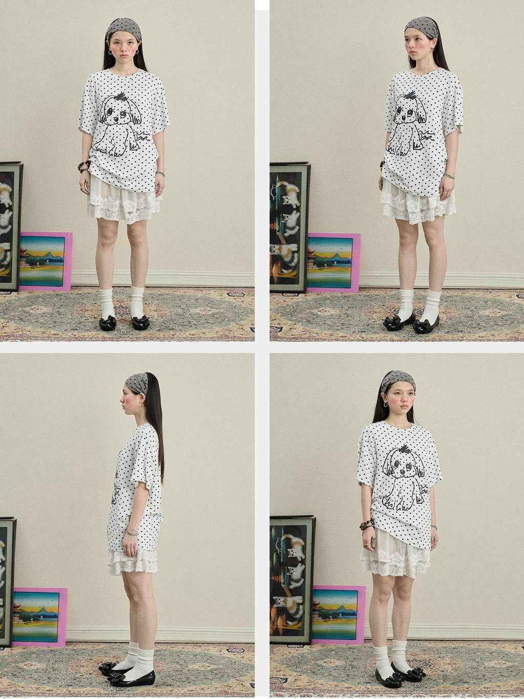 Achihara Polka Dot Printed Loose Fit Women'S Viscose Blend Short Sleeve T-Shirts