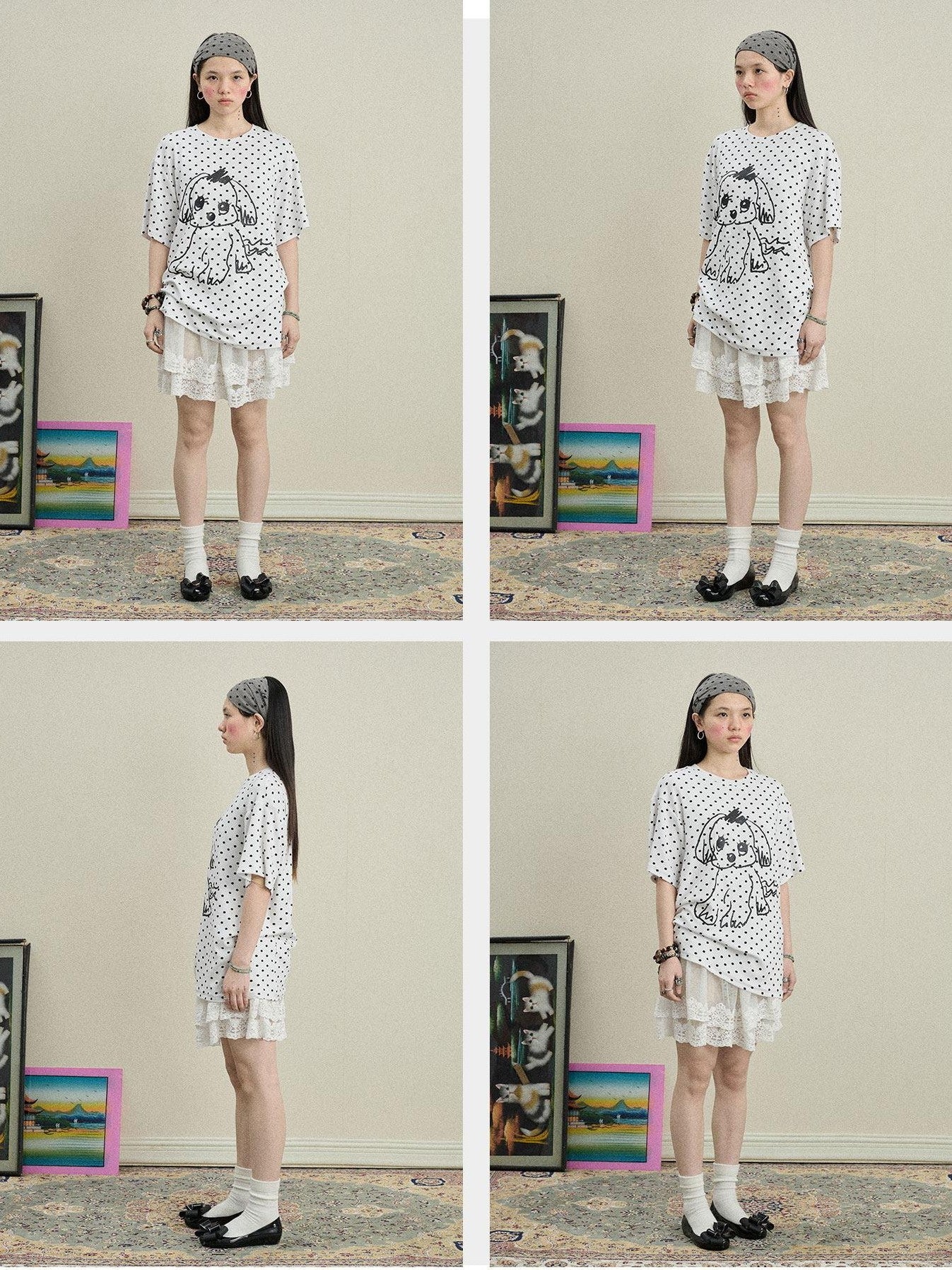Achihara Polka Dot Printed Loose Fit Women'S Viscose Blend Short Sleeve T-Shirts